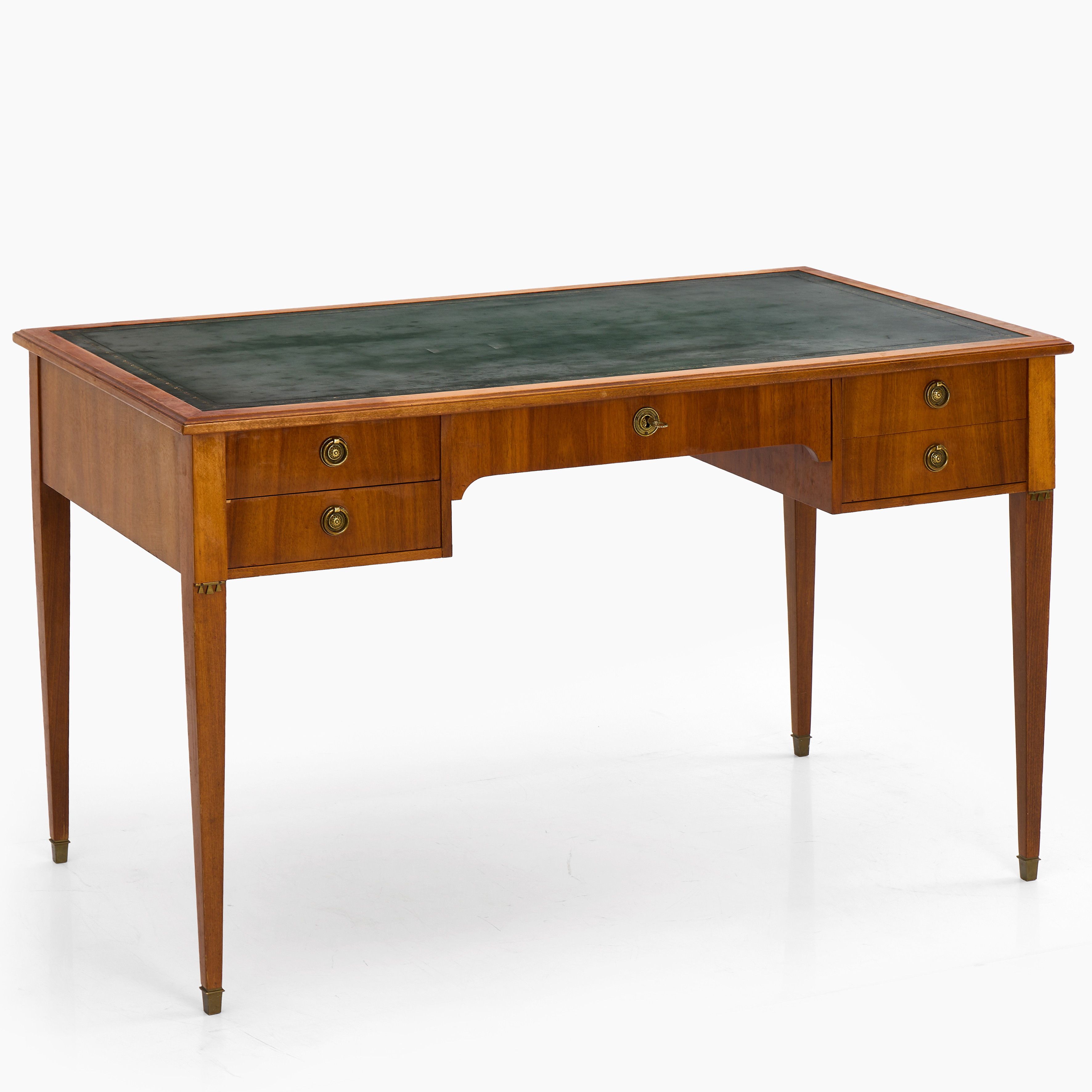 SKRIVBORD, gustaviansk stil, 1900-tal, fem lådor, skiva med präglat och förgyllt läder.