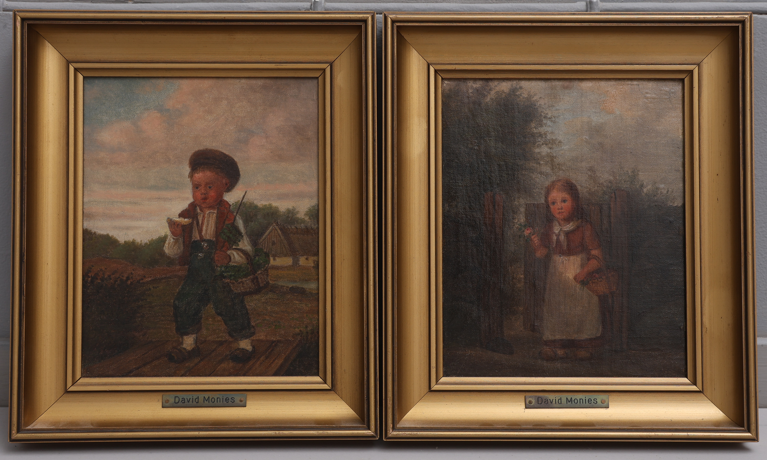 DAVID MONIES (1812-1894). OLJOR PÅ PANNÅ, PENDANGER, BARNPORTÄTT.