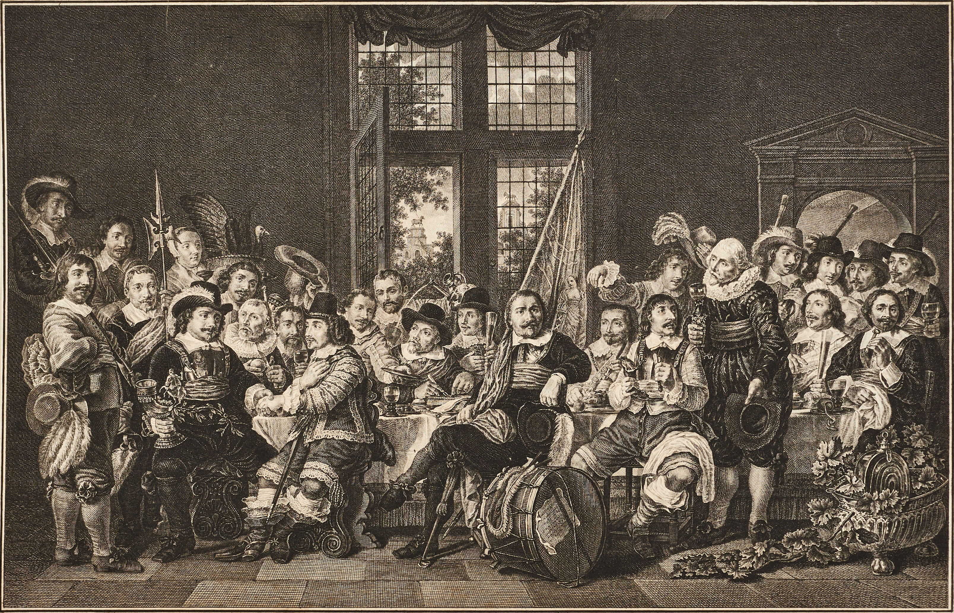 ÄLDRE GRAVYR, Bartholomeus va der Helst/Charles Emmanuel Patas, "Schuttersmaaltijd ter viering van de Vrede van Munster (Amsterdams skyttegille firar freden i Münster som avslutade åttioåriga kriget), 1700/1800-tal.