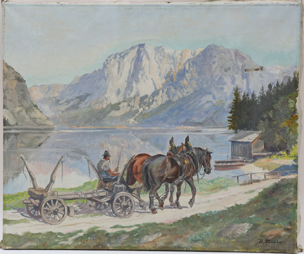 OKÄND KONSTNÄR. Berglandskap med hästvagn, signerad R.Franke.