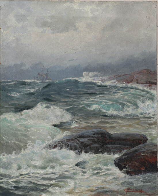 OKÄND KONSTNÄR. Havsbild med fartyg, 1800/1900-tal, signerad.