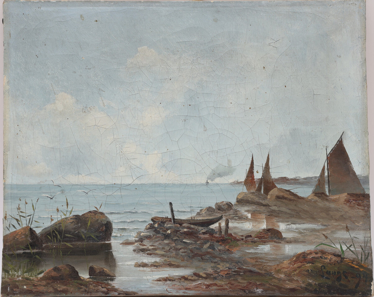 OIDENTIFIERAD KONSTNÄR. Standkant med båtar, daterad 1894, oljemålning på duk, signerad.