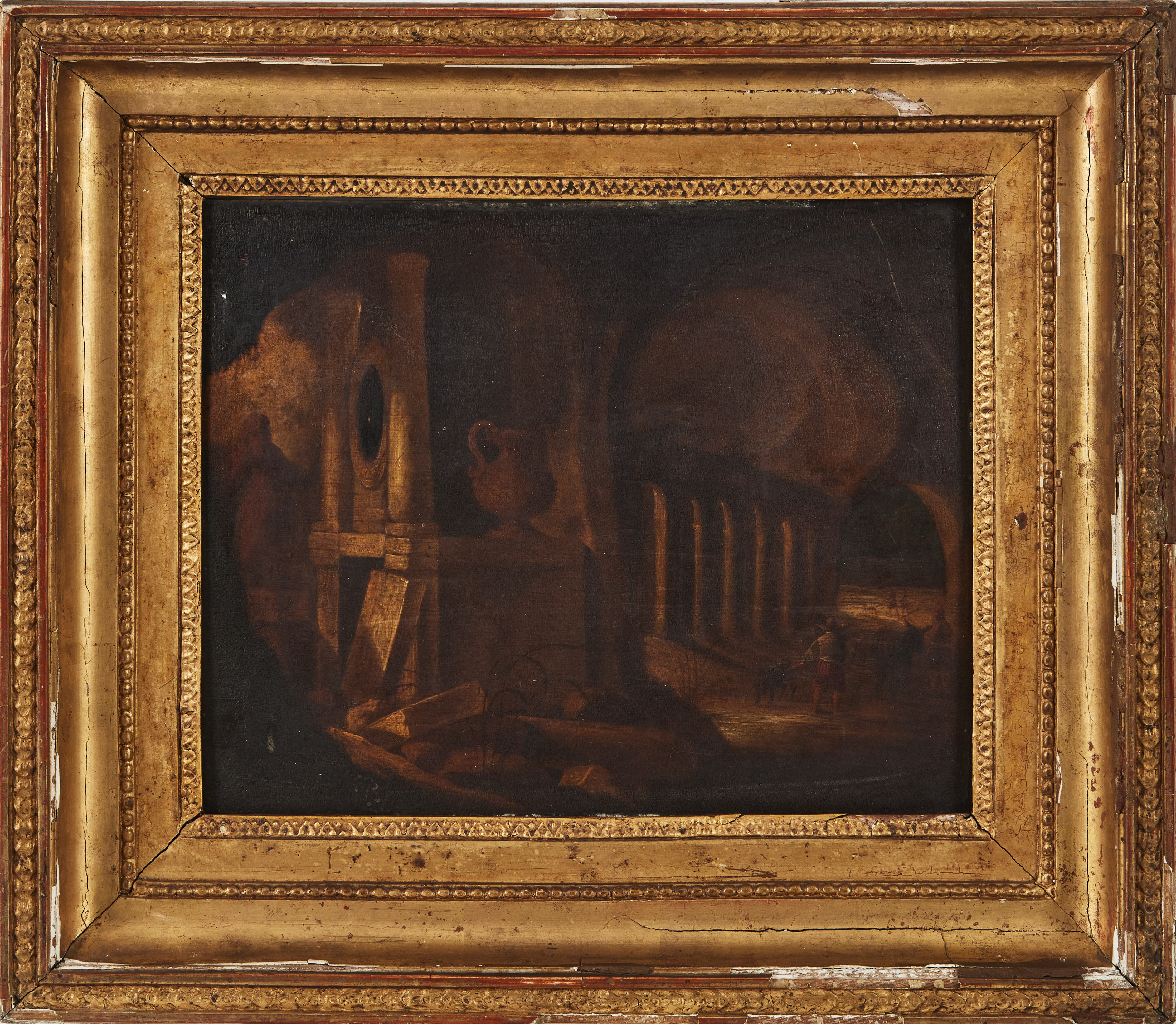 OIDENTIFIERAD KONSTNÄR. (Holländsk skola, 1600-tal): Interiör från grotta med ruin och resenärer, olja på pannå.