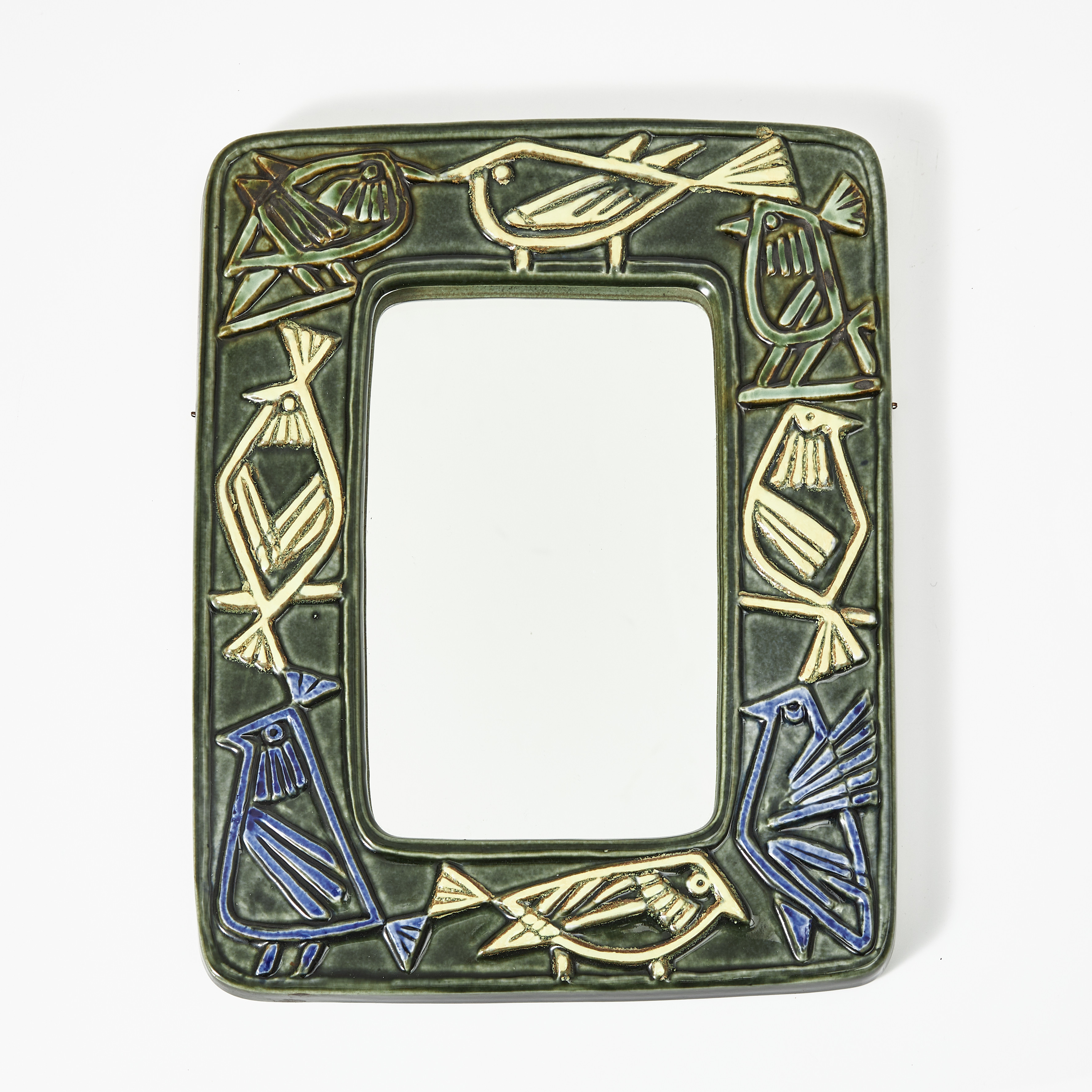 LISA LARSON. Spegel, stengods, ur serien "Harlekin", Gustavsberg, 1960, dekor av fåglar i relief.