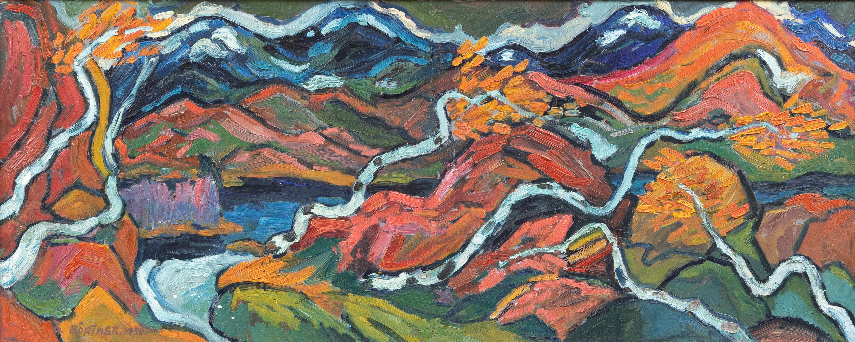 GUSTAF BÖRTNER (1905-1985). Fjällandskap med vindpinande fjällbjörkar, olja på duk, signerad och daterad 1950.