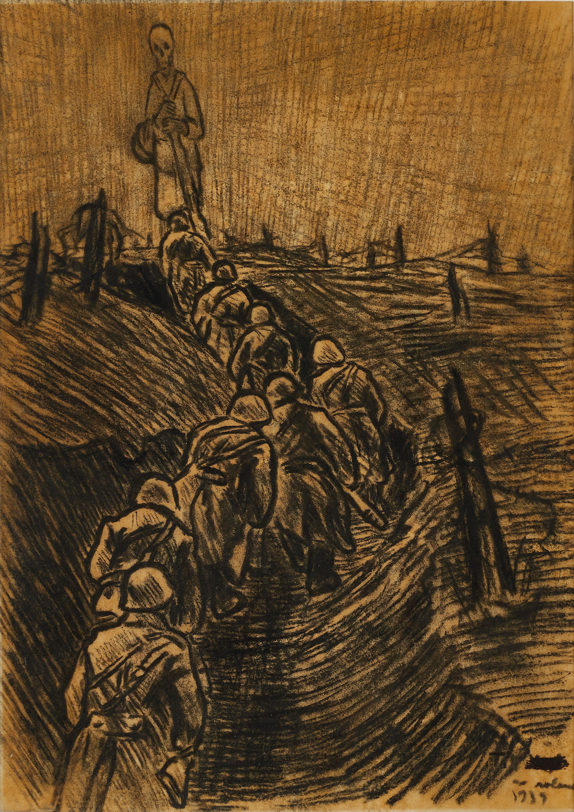 ROLAND SVENSSON (Sverige, 1910-2003): Skyttegrav, signerad Roland och daterad 1939, krita.
