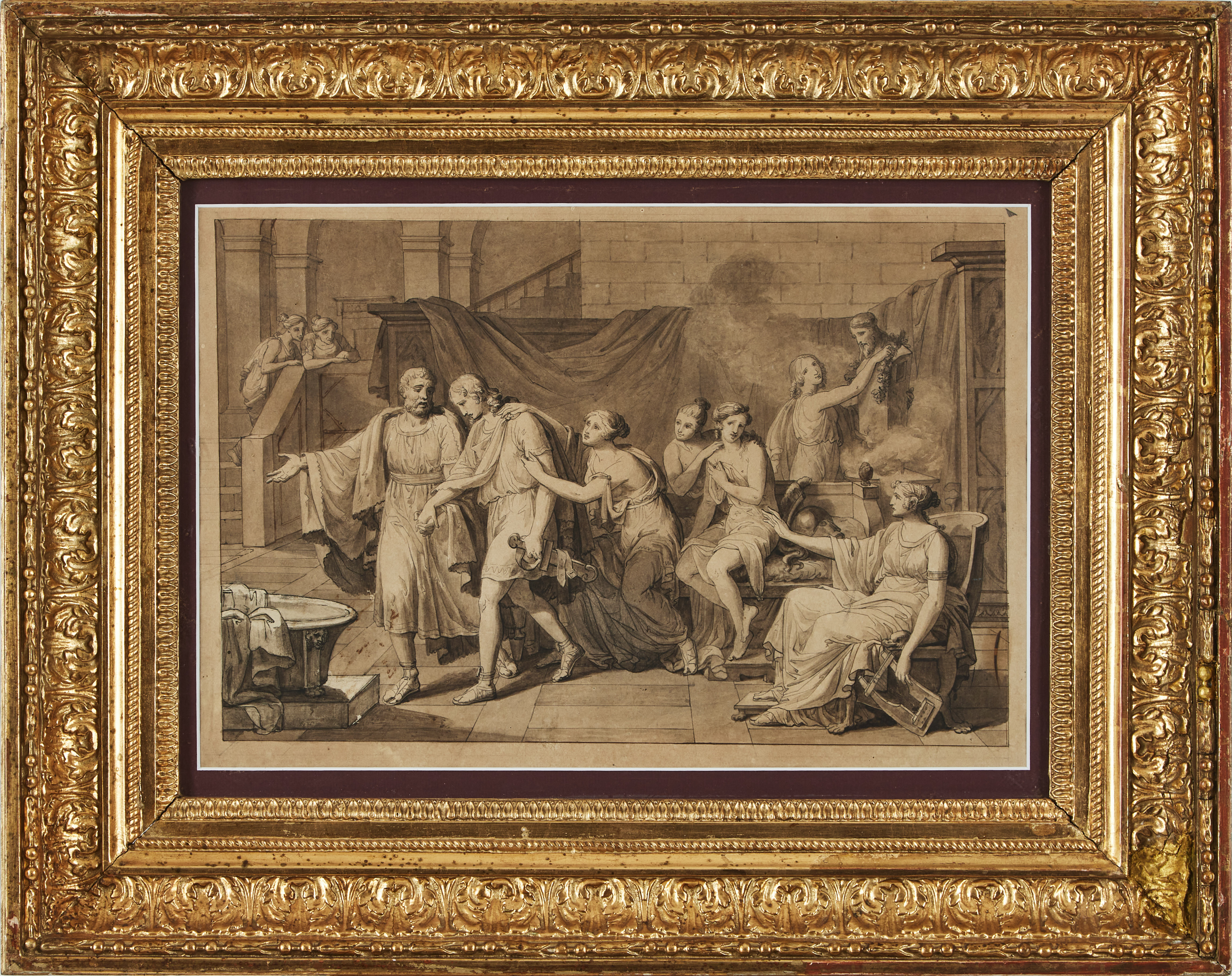 (OKÄND KONSTNÄR 1800-TAL). Klassicerande scen, tuschlavering.