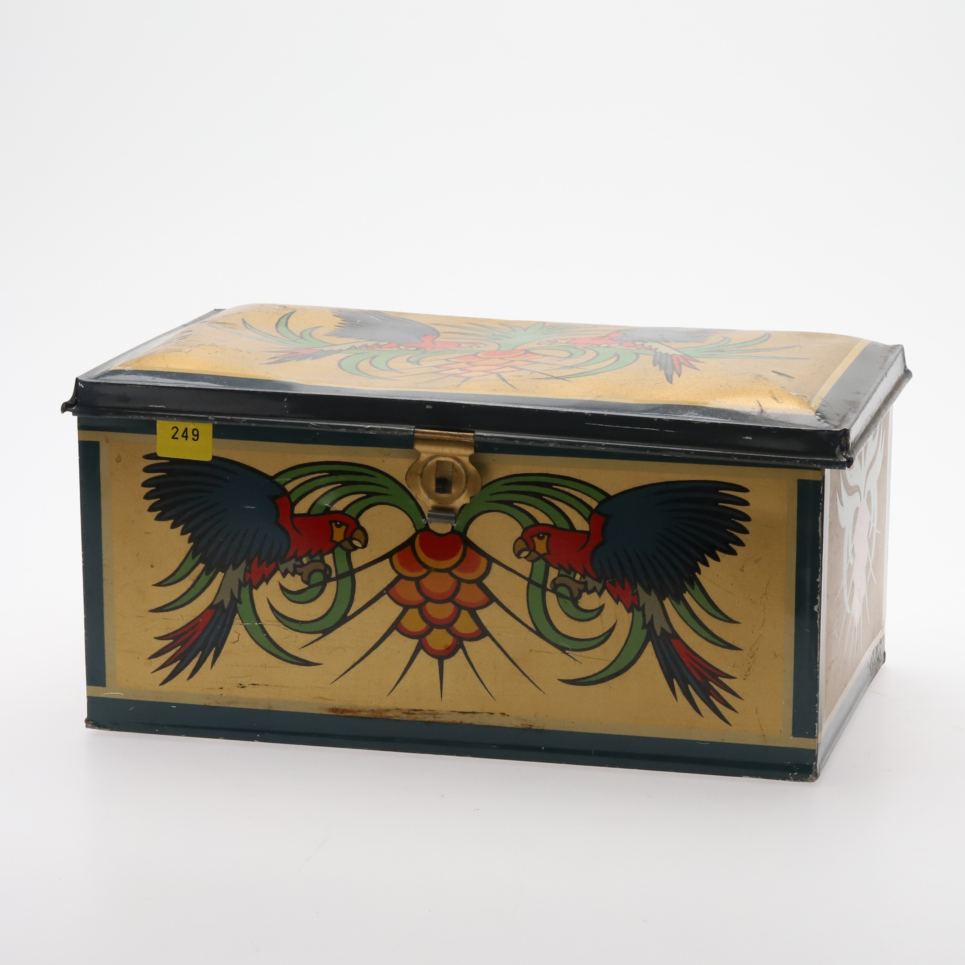 PLÅTBURK, motiv med papegojor, FIX Aktiebolag, Gefle, 1960-tal.