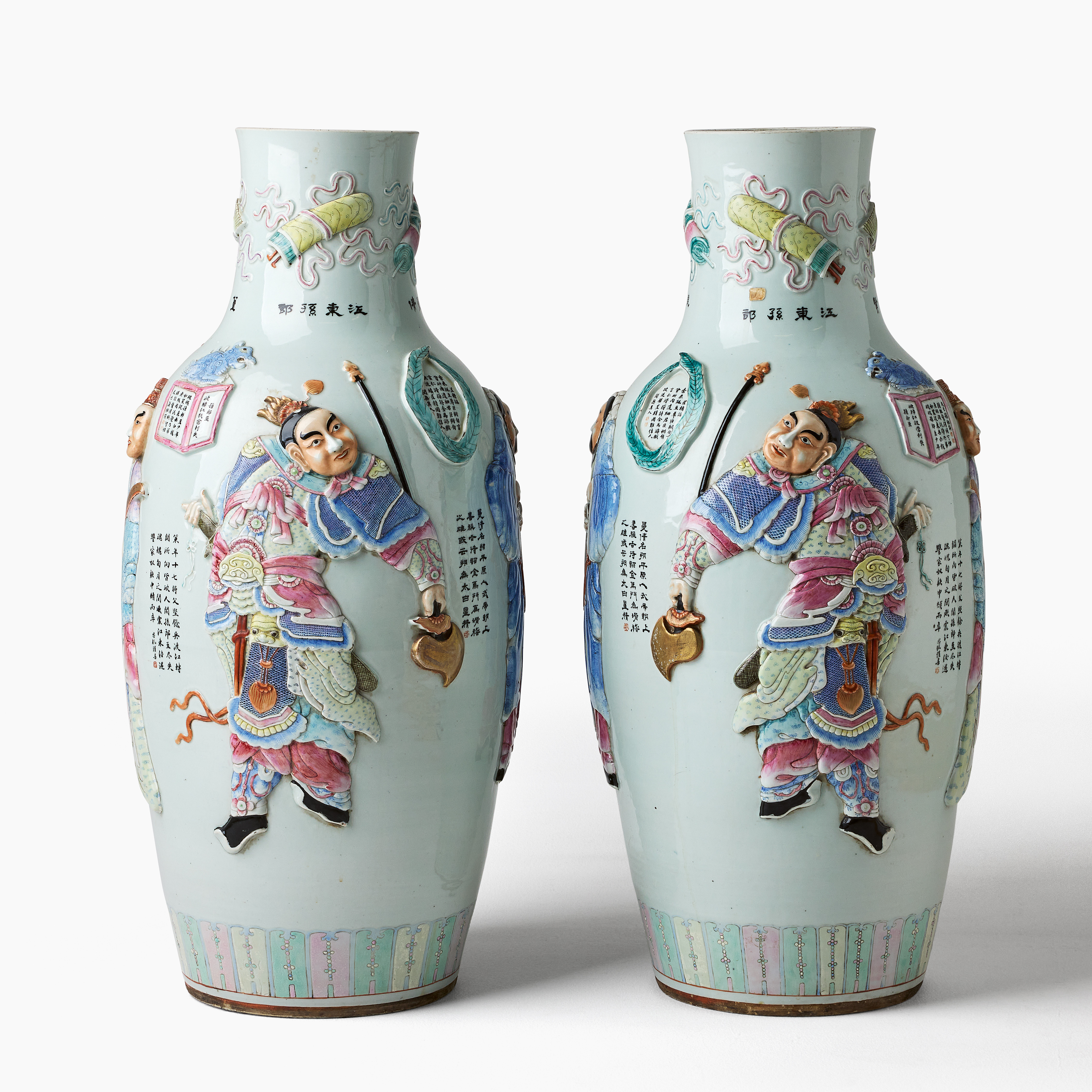 A Pair of Massive and Rare Chinese Relief-Decorated Famille Rose Porcelain 'Wu Shuang Pu' Vases.