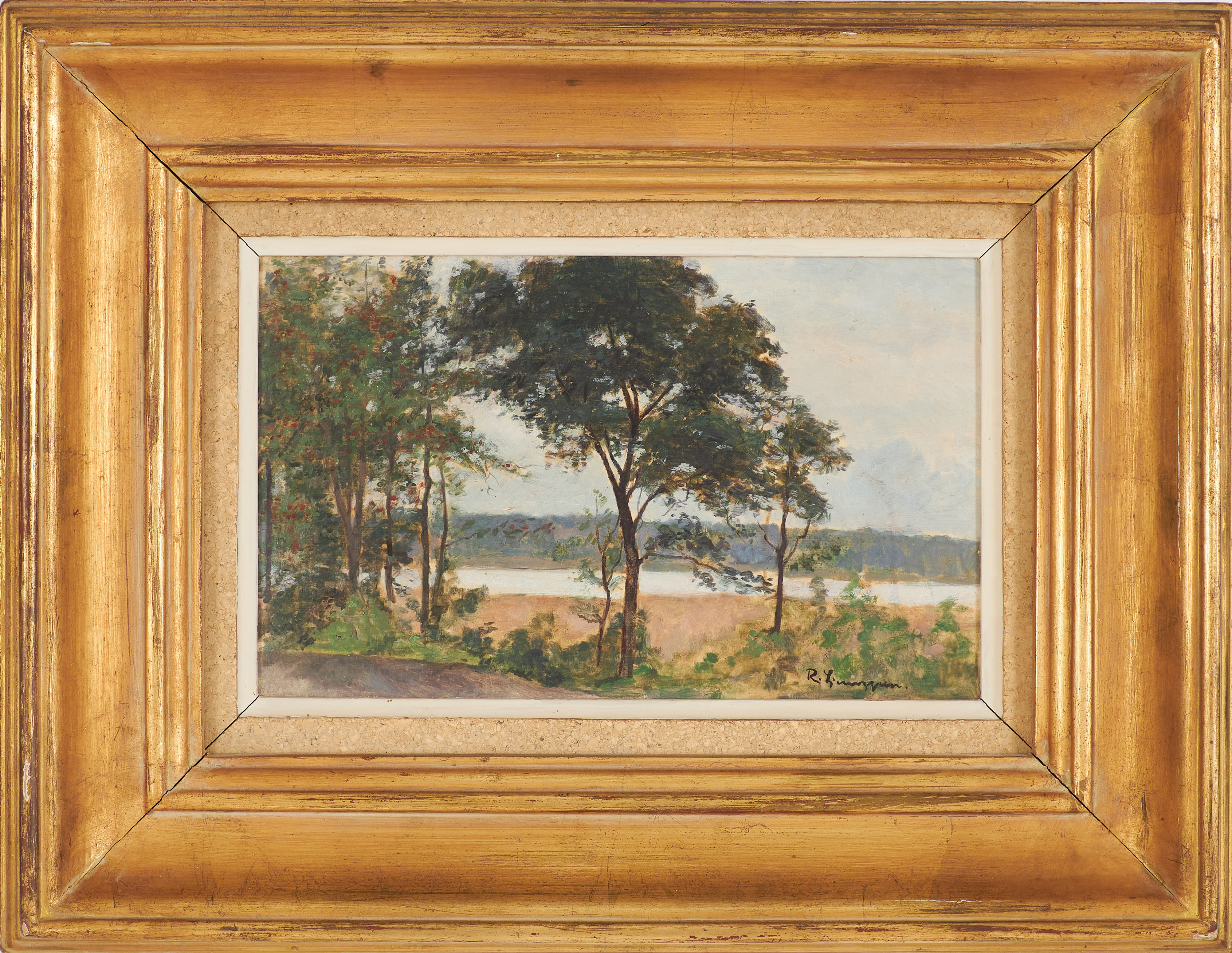 REINHOLD LJUNGGREN. "Vid viken", olja på duk uppfordrad på trä, signerad R. Ljunggren.