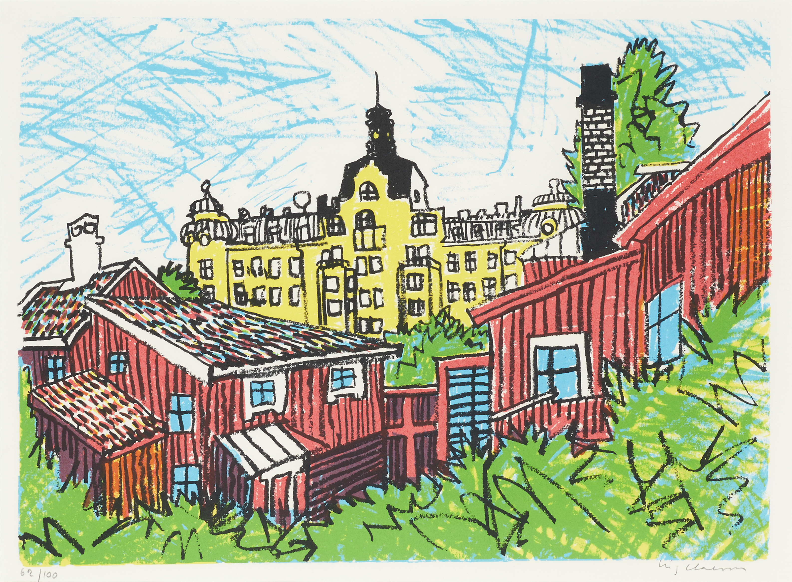STIG "SLAS" CLAESSON (1928-2008): Södermalm - Stockholm, signerad Stig Claesson, ed. 62/100, färglitografi.