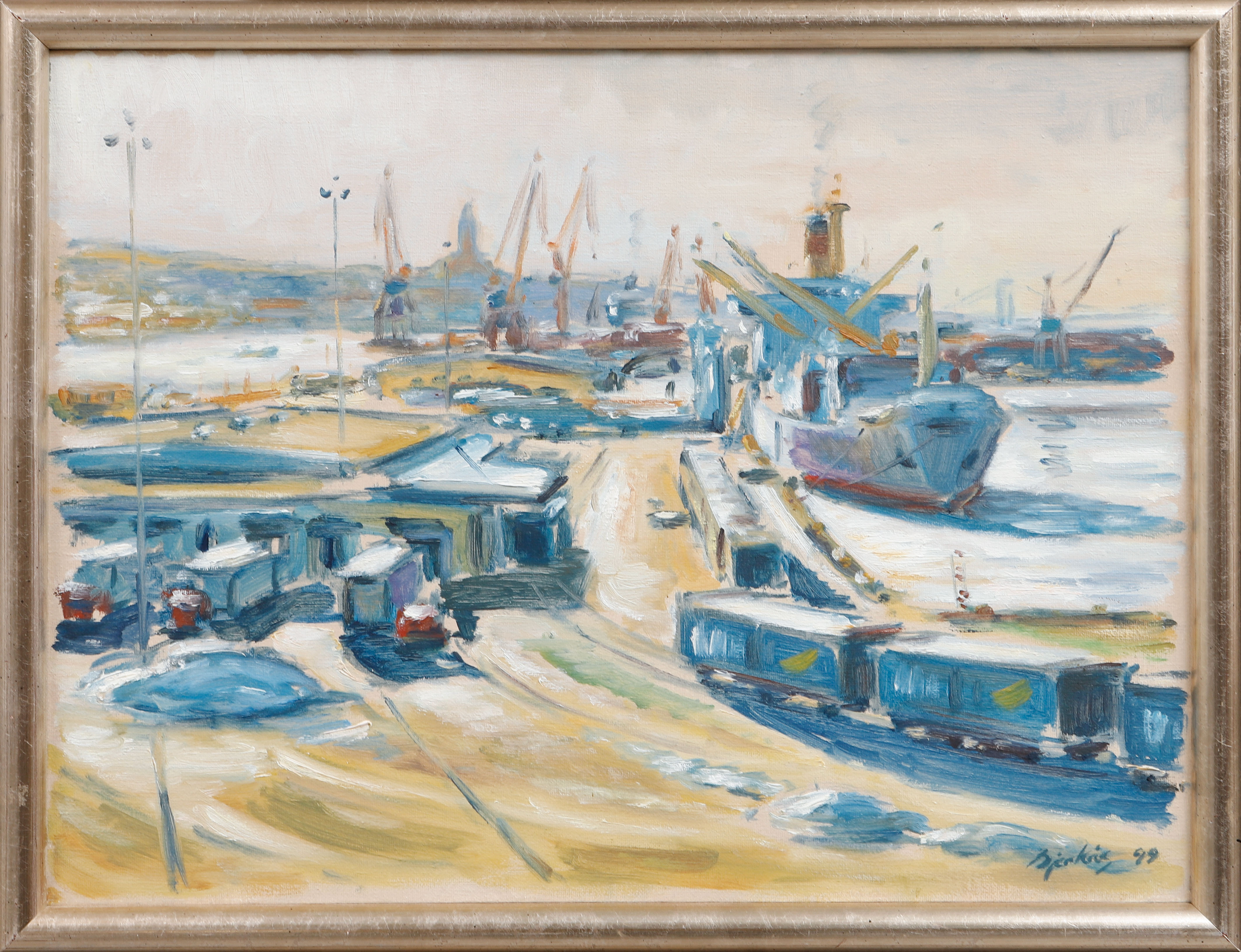 CARL BJERKÅS. "Frihamnen", Olja på duk, signerad och daterad -99.