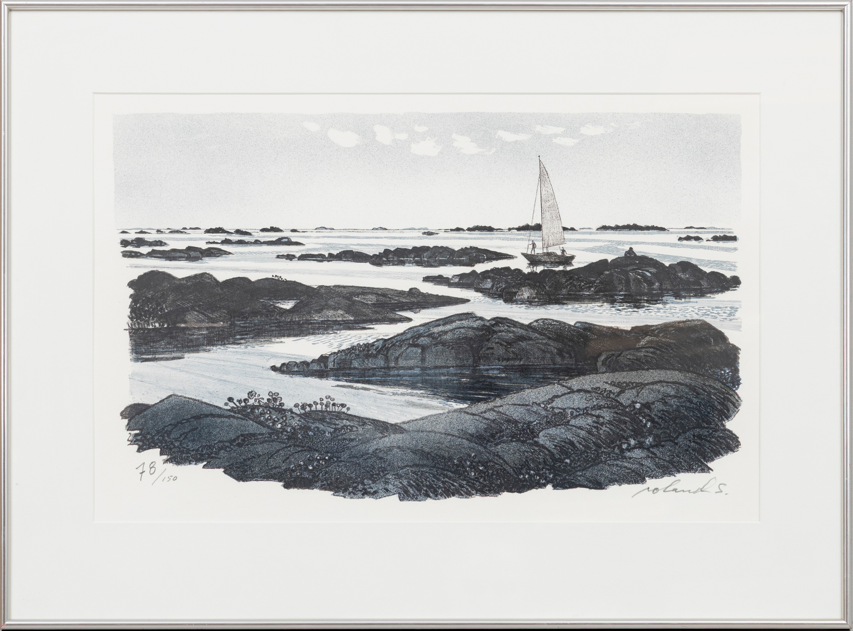 ROLAND SVENSSON. "Utskärsland", färglitografi, signerad, Roland S. och numrerad 78/150, 1980-tal.