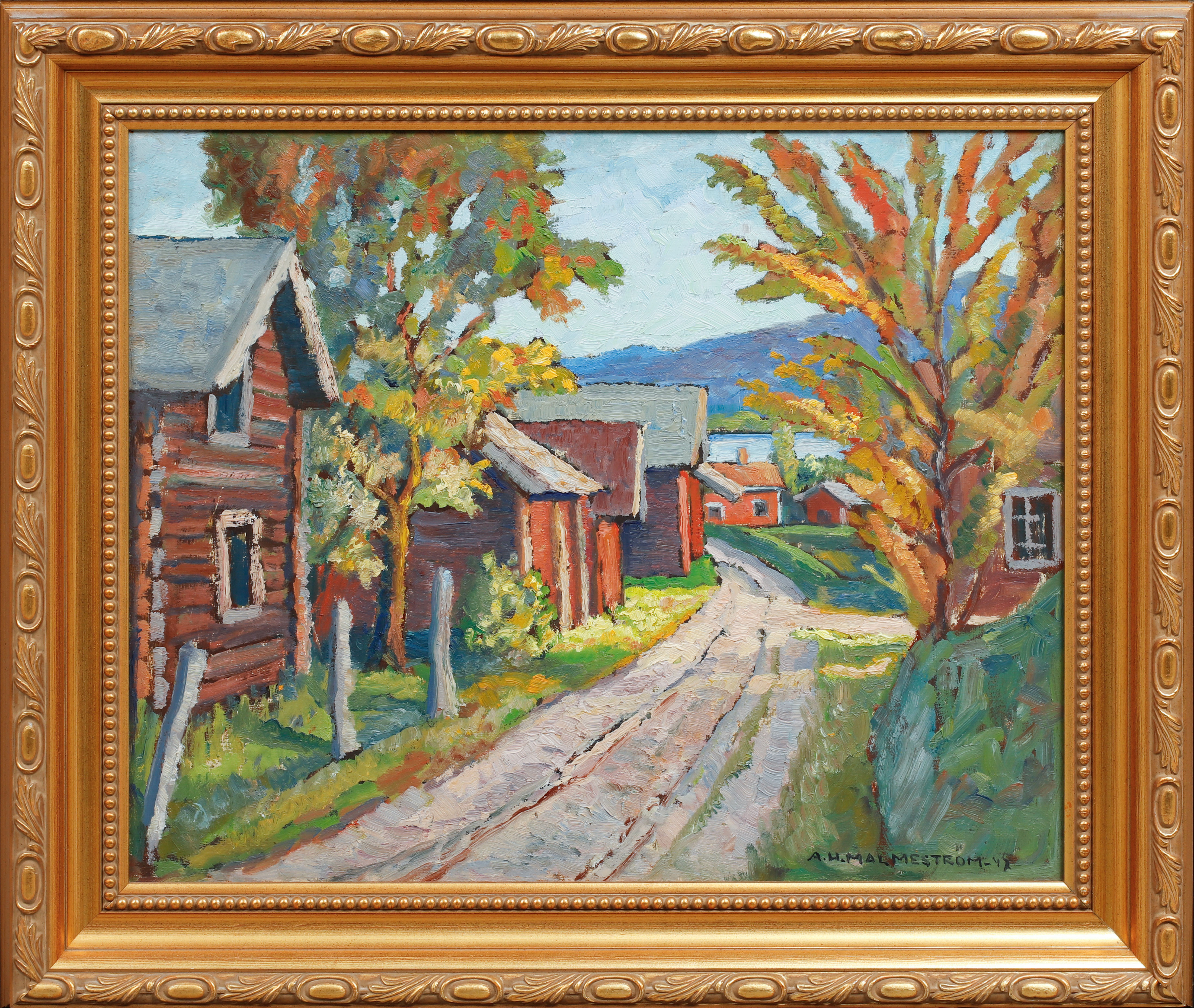 AKKE HUGH  MALMESTRÖM. "Bygata i Tasbäck, Leksand höst". Olja på pannå, signerad och daterad -47.