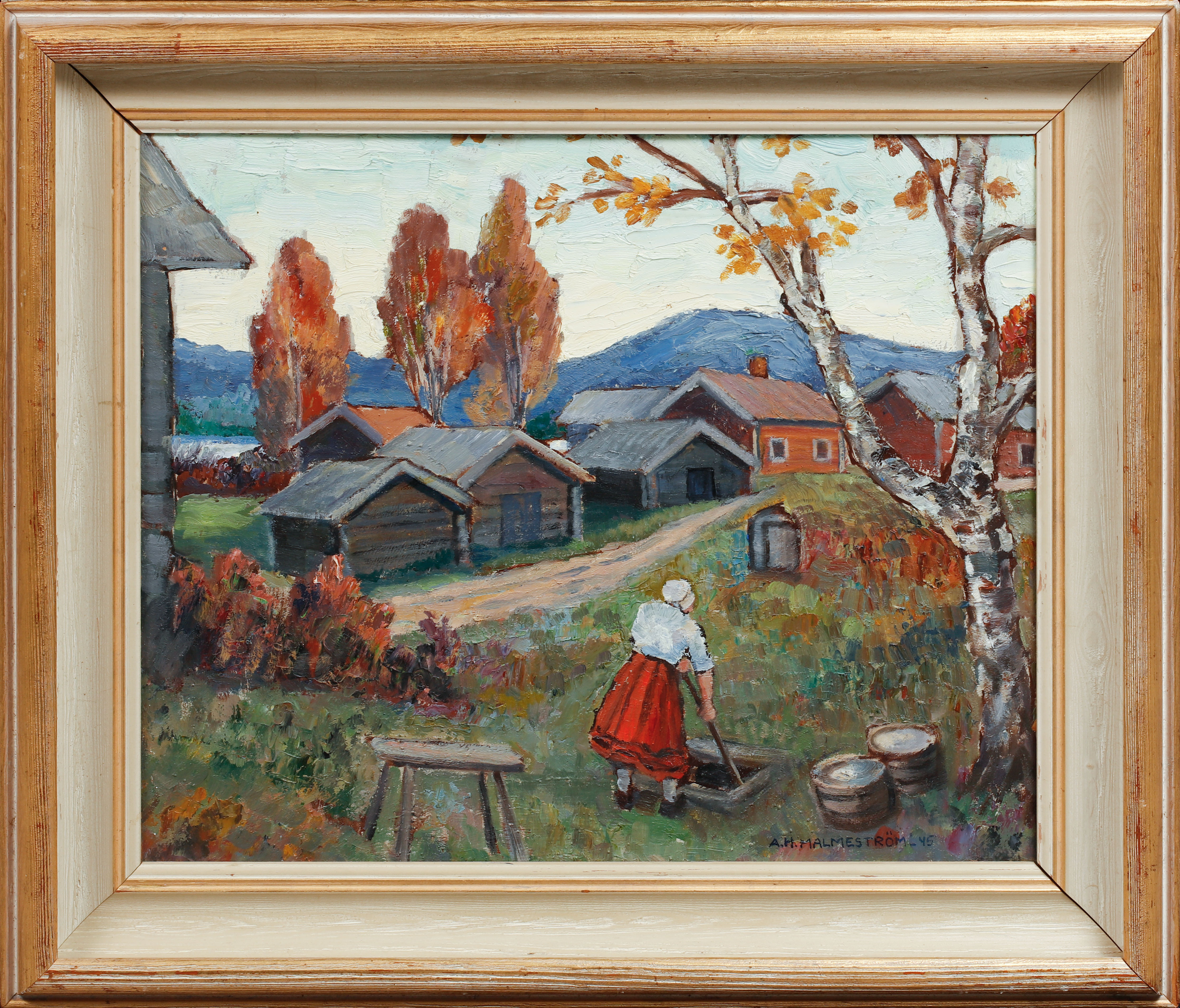 AKKE HUGH  MALMESTRÖM. "Vid brunnen". Olja på pannå, signerad och daterad -45.