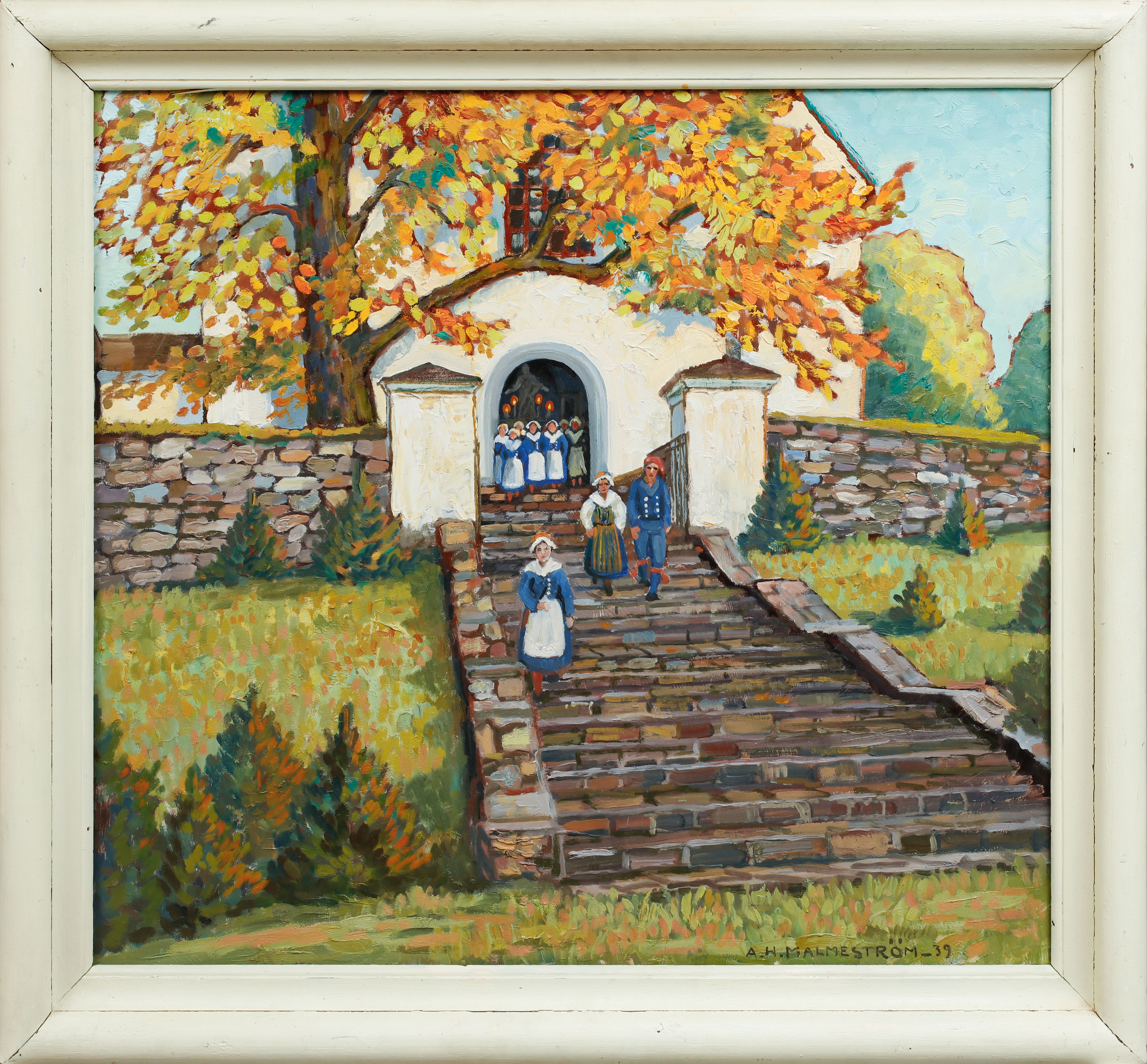 AKKE HUGH  MALMESTRÖM. "Höst, Garpenbergs kyrka". Olja på pannå, signerad och daterad -39.