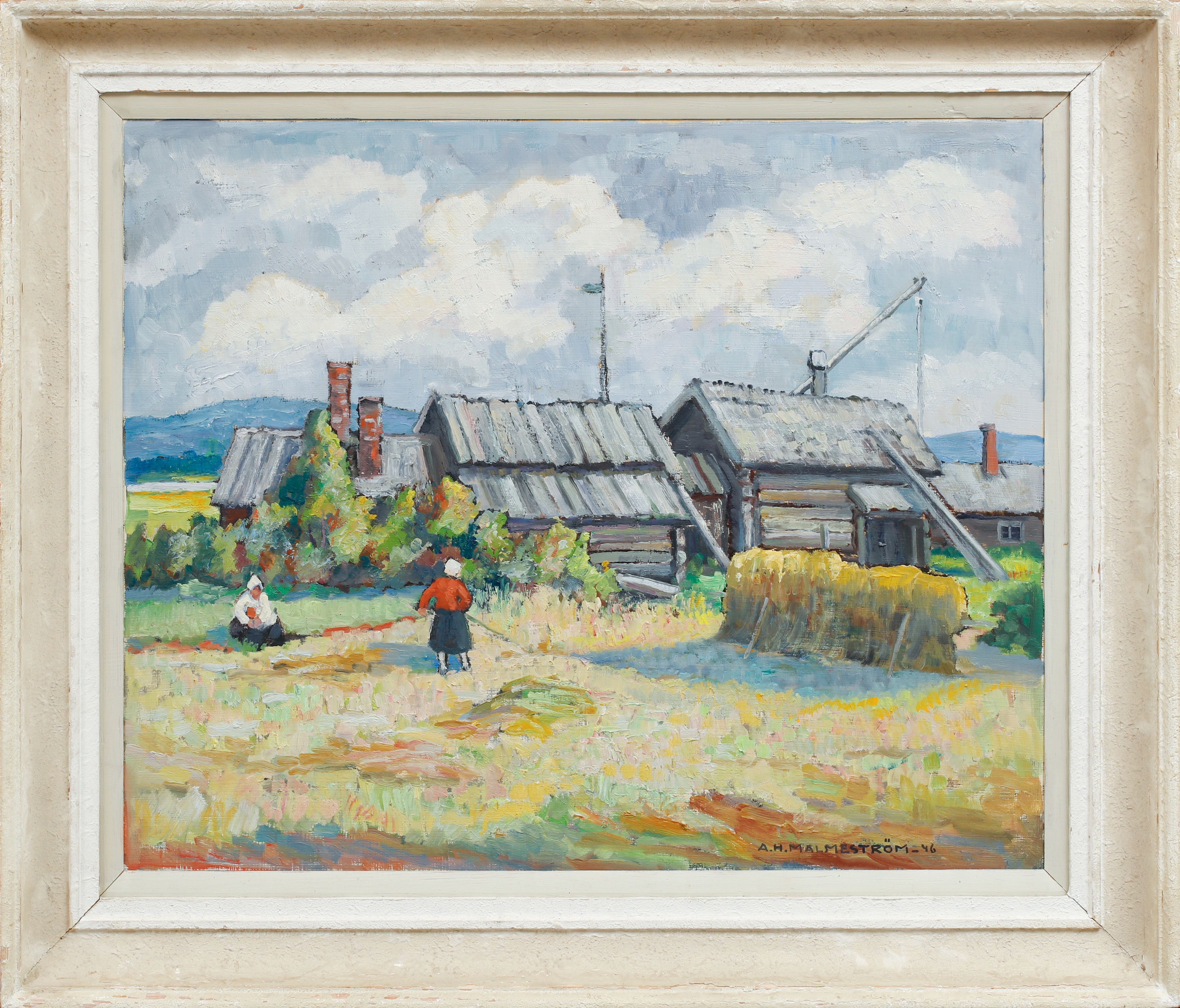 AKKE HUGH  MALMESTRÖM. "Gammal gård med skördefolk, Gesunda". Olja på pannå, signerad och daterad -46.