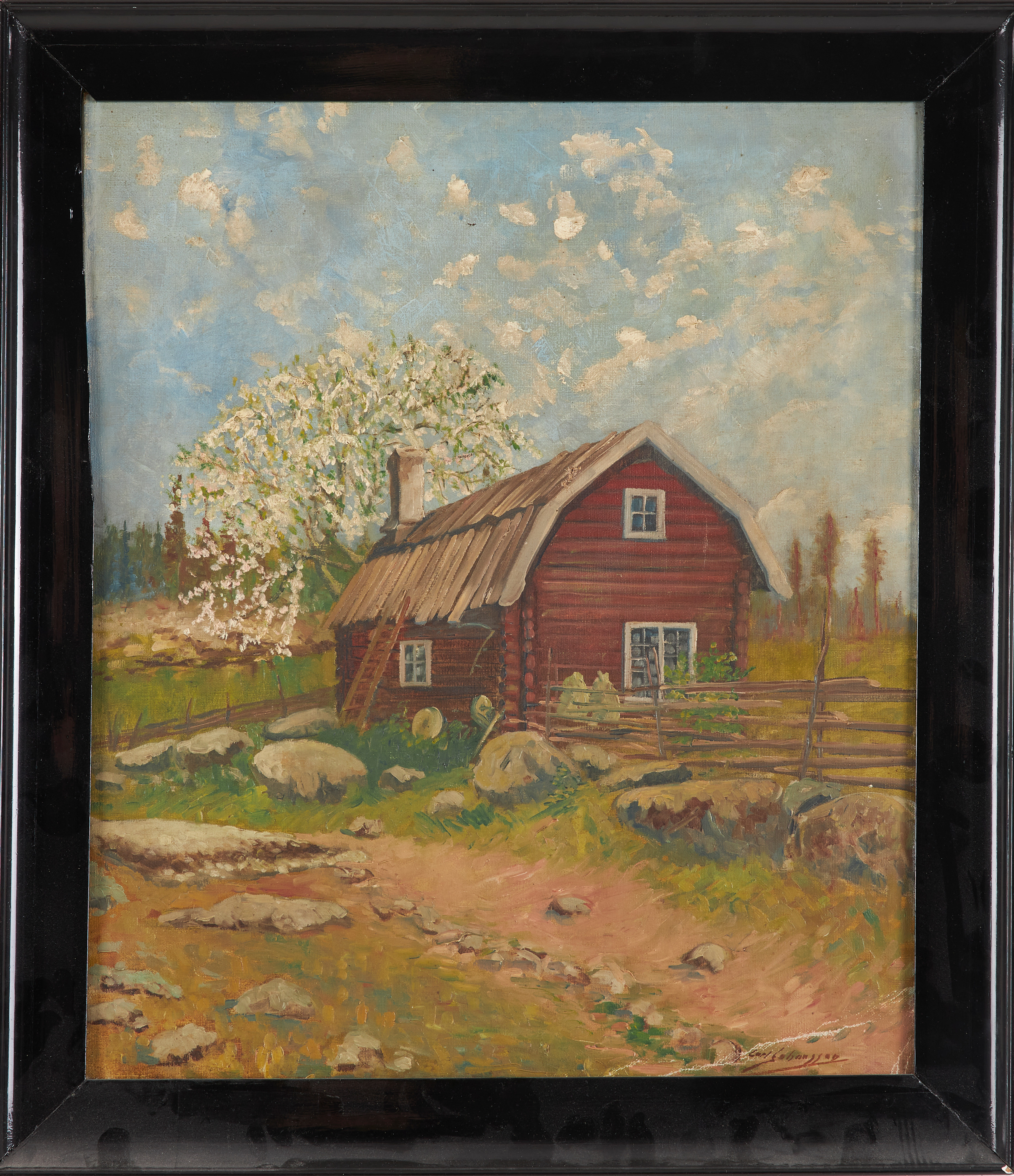 CARL JOHANSSON, röd stuga, olja på duk, signerad.