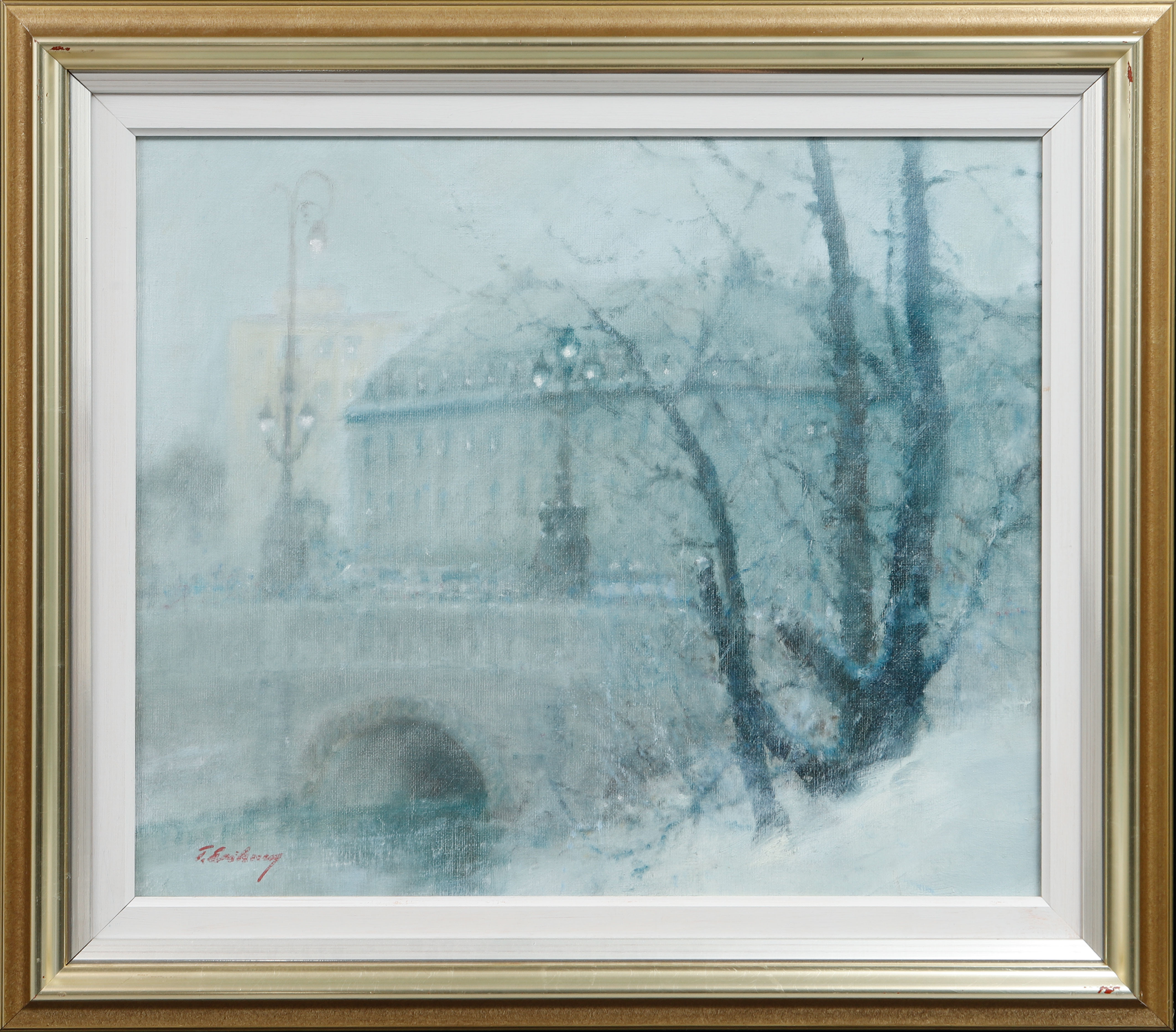 TAGE ERIKSSON. "Snö i luften, Kungsportsbron", olja på pannå, signerad.