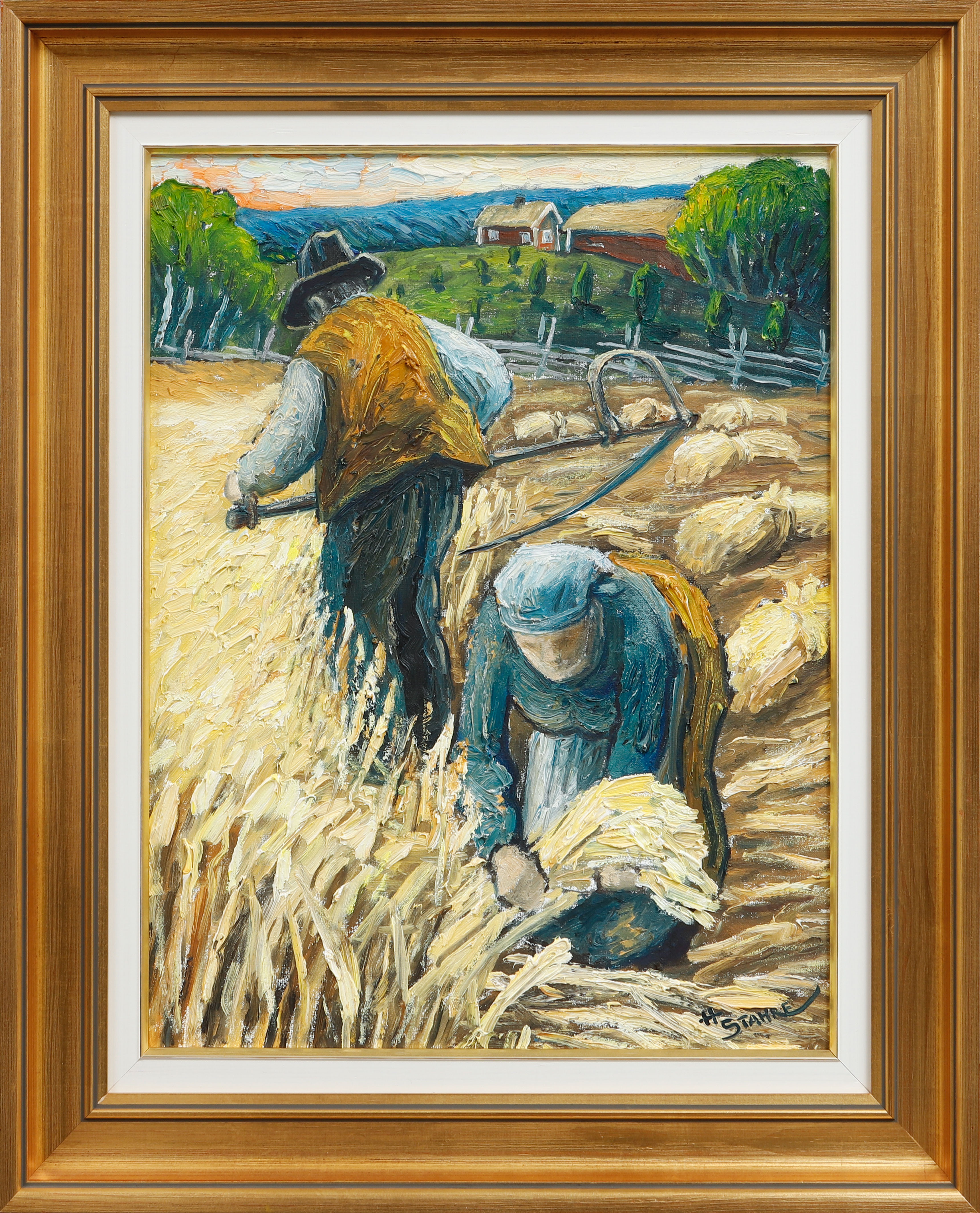 HÅKAN STAHRE. "Skördeparet", Olja på duk, signerad.