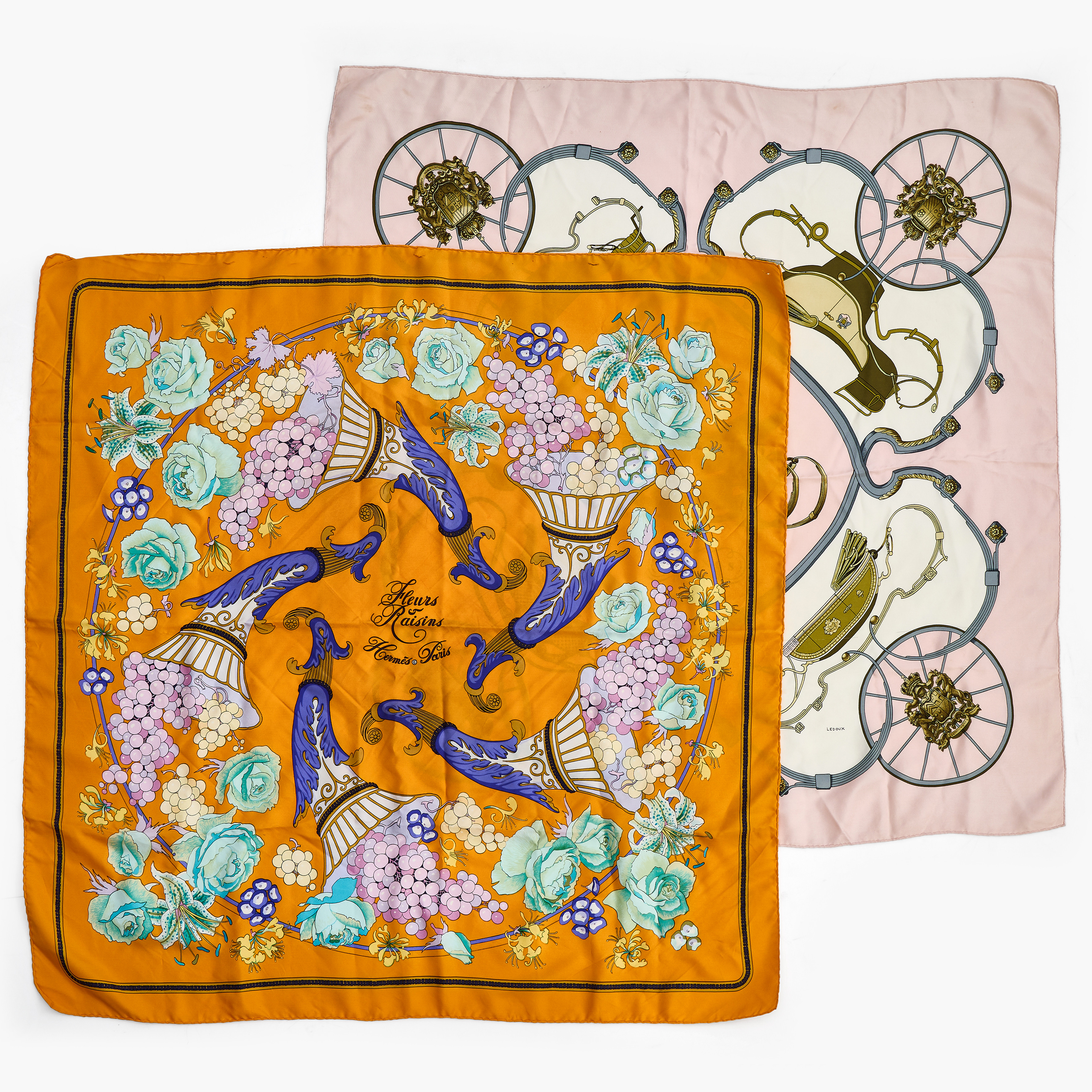 HERMÈS, scarfs (2 st), "springs" och "Fleurs & Raisins".