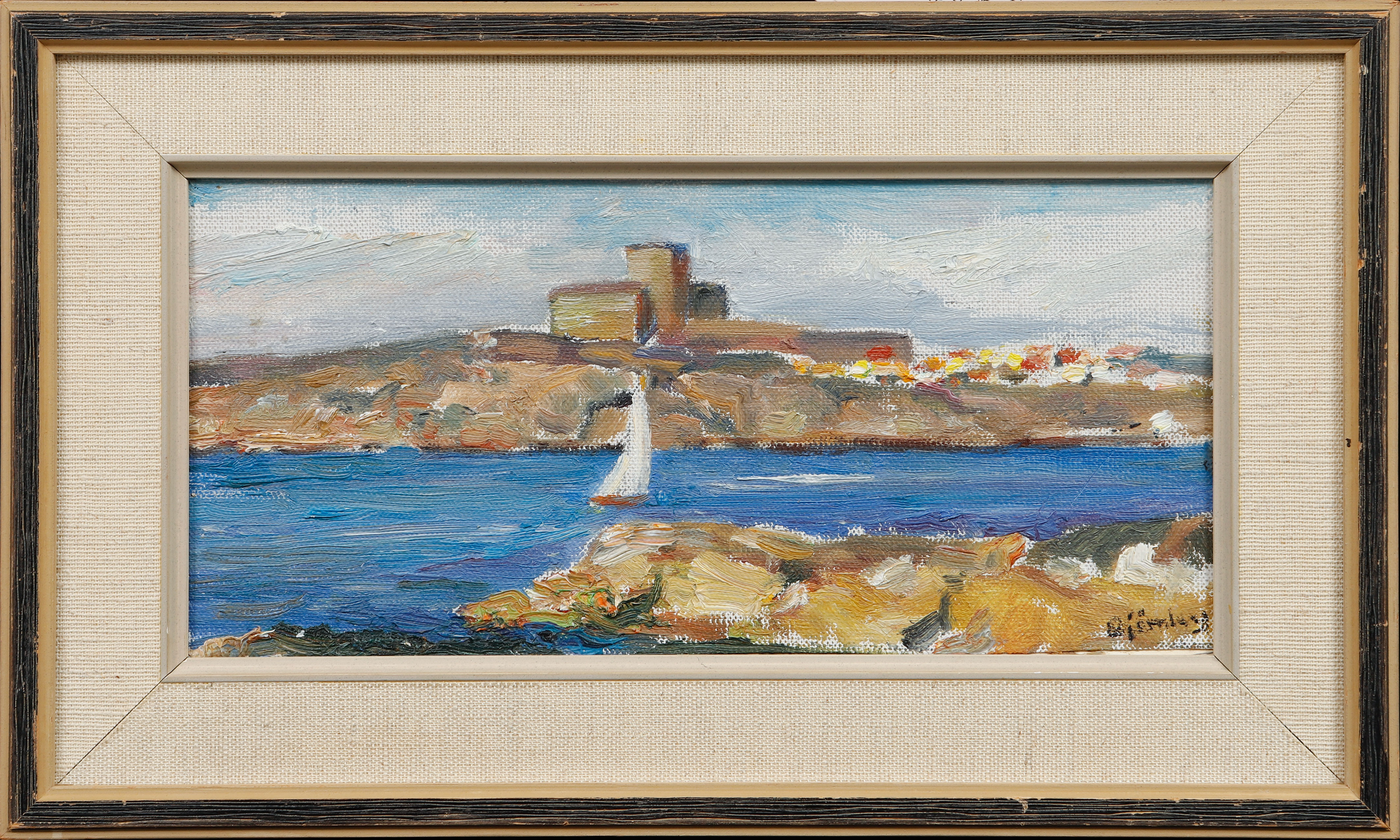 EVALD BJÖRNBERG. Vy mot Marstrand, olja på pannå, signerad.