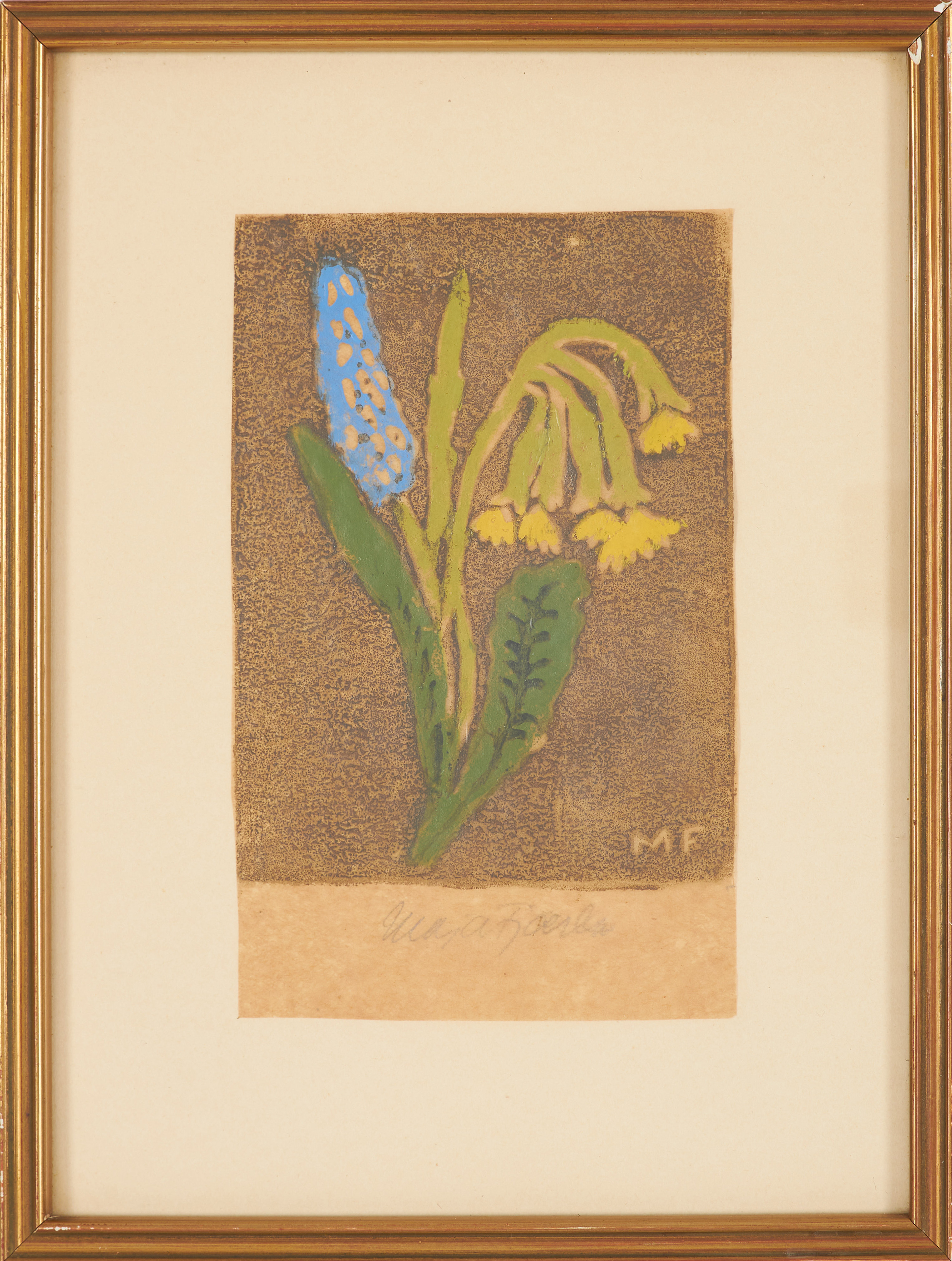 MAJA FJAESTAD. "Vårblomster", träsnitt, kolorerat, signerad.