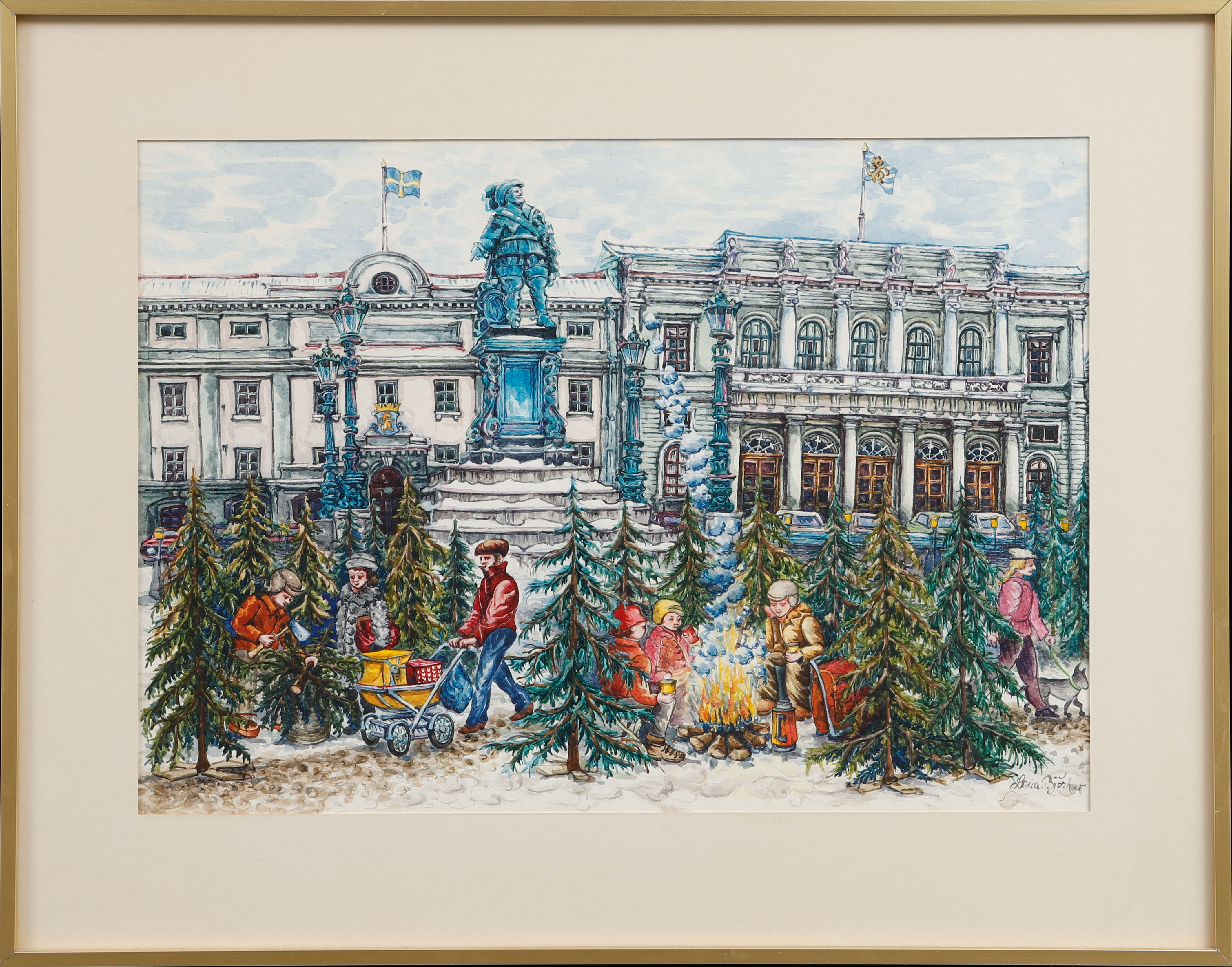 LENA BJÖRK. Gustav Adolfs torg, akvarell, signerad och daterad.