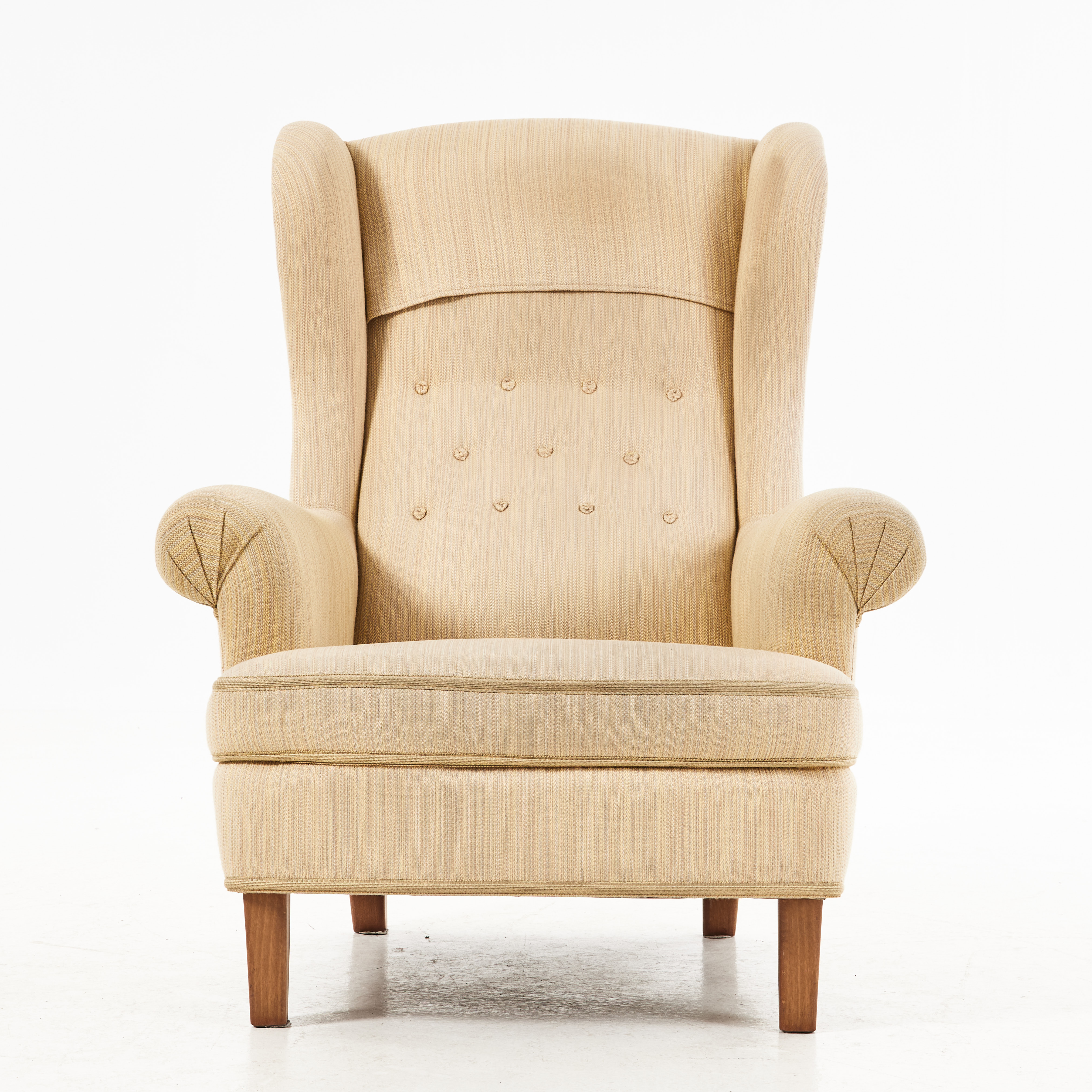 CARL MALMSTEN. "Häggbom", fåtölj, OH Sjögren, ben i bok, klädsel i gul textil.