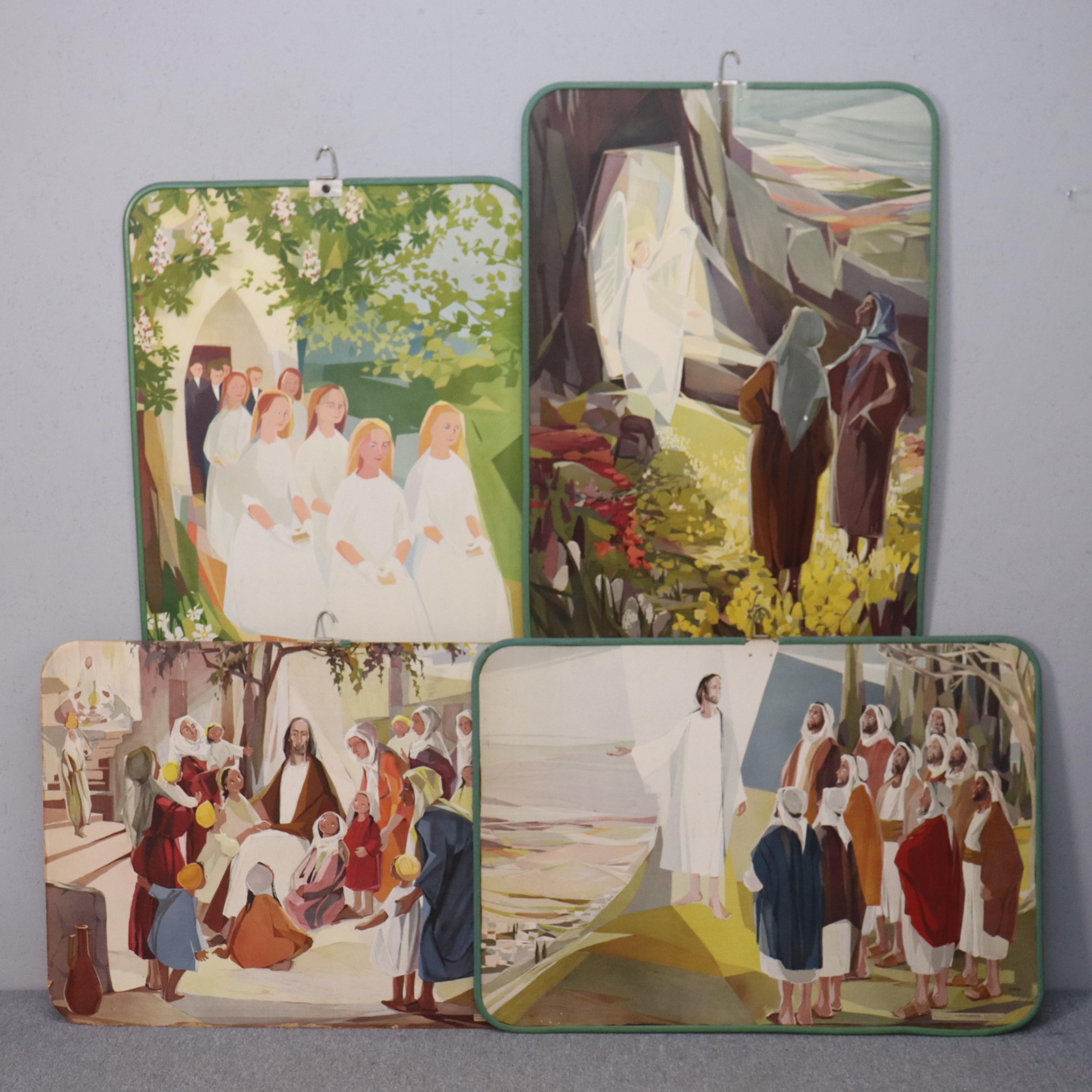 SKOLPLANSCHER, kristendom, scener ur bibeln, dubbelsidiga, 4 st.