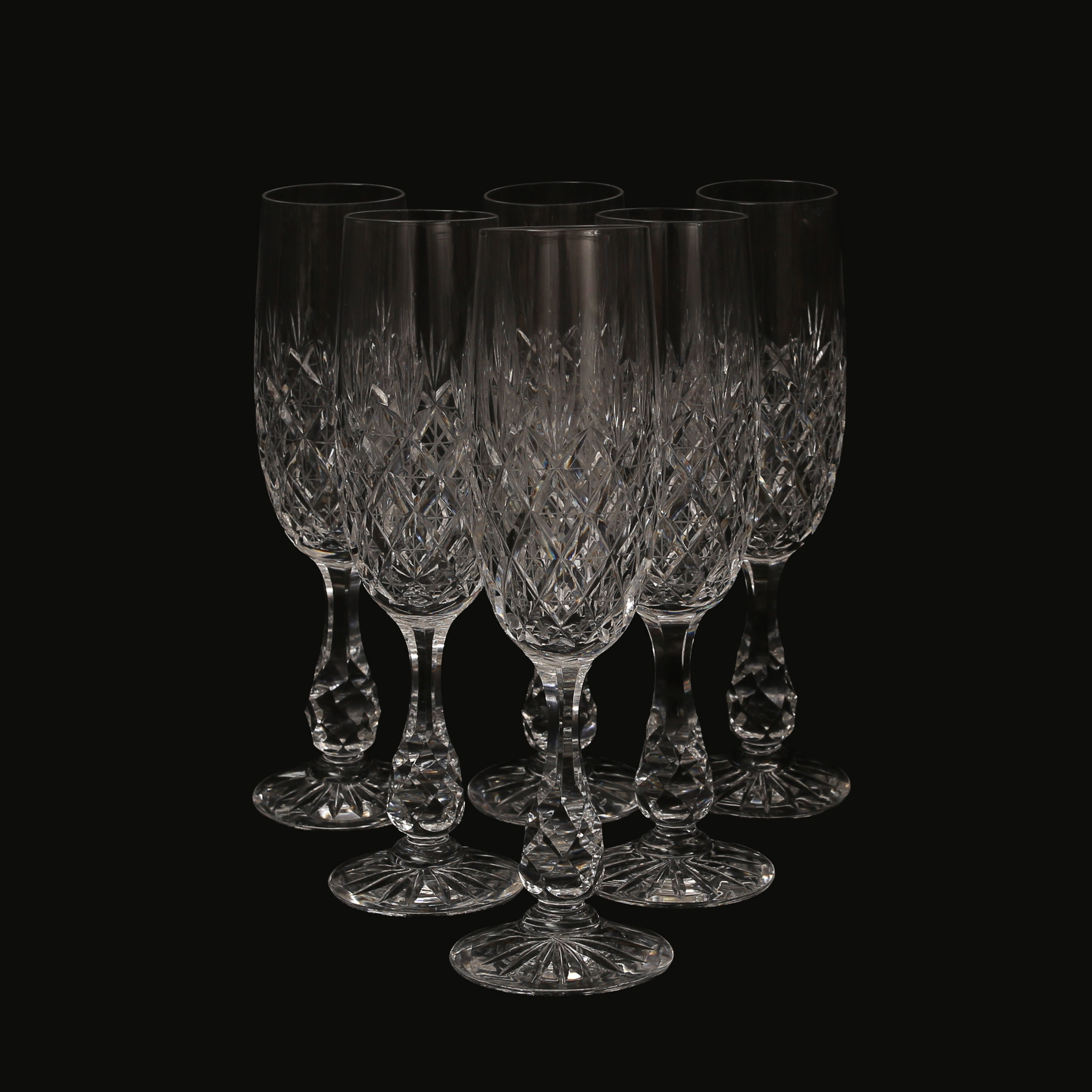 FRITZ KALLENBERG. Champagneglas/champagnestrutar "Pompadour" ananasslipade, 6 stycken, signerade Boda.