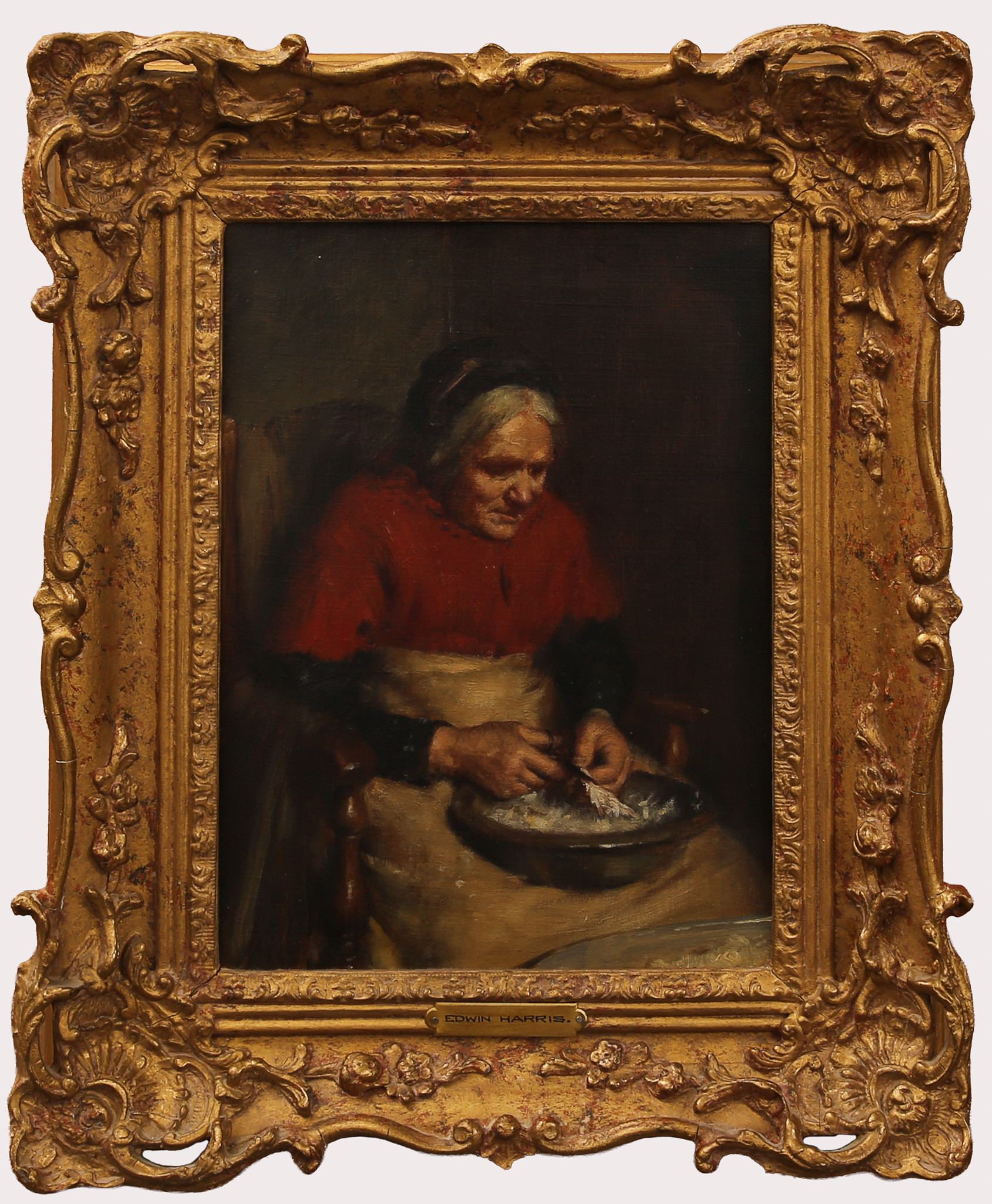 EDWIN HARRIS 1855-1906. Olja på duk, handarbetande kvinna, signerad E Harris, England.