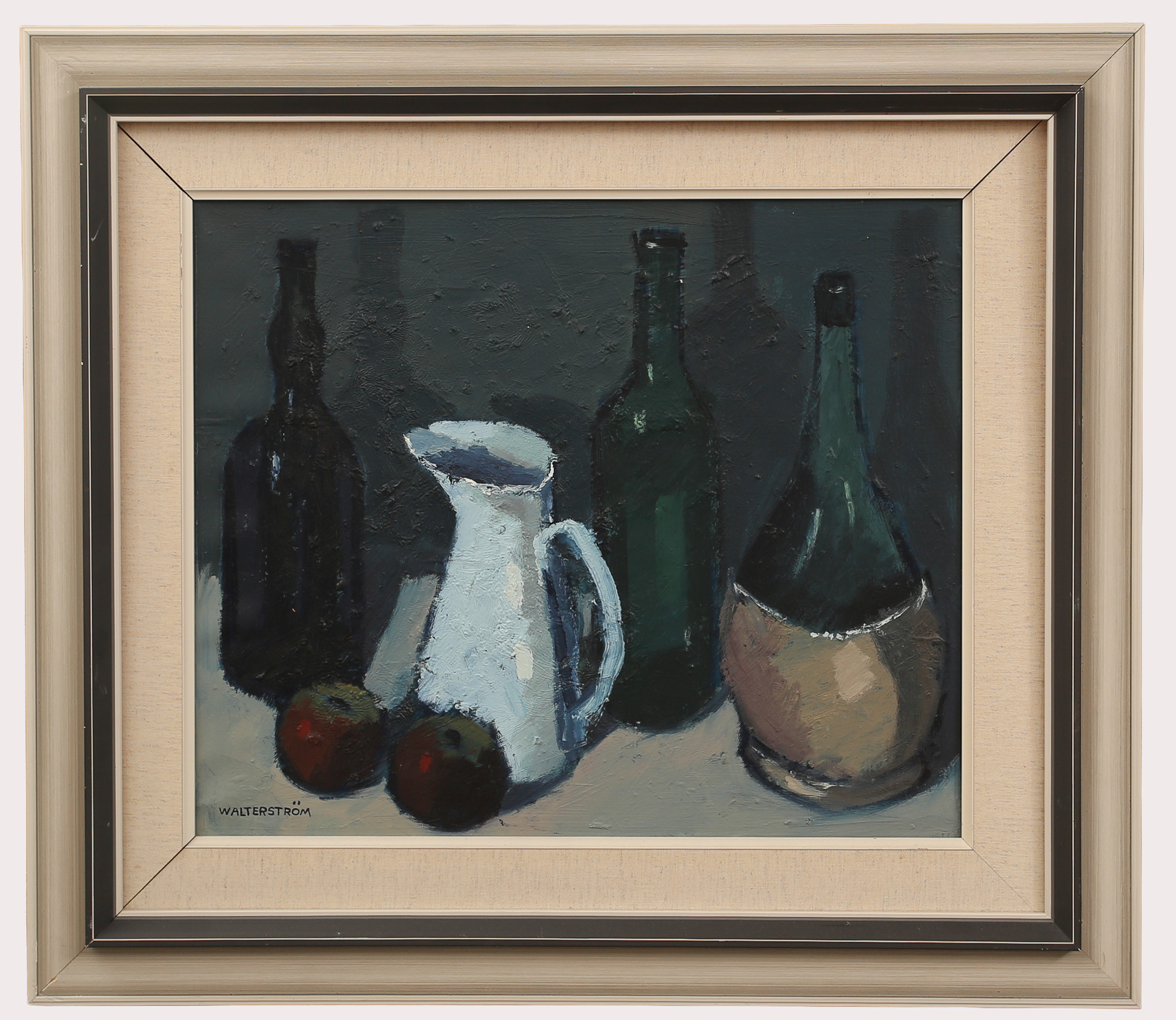 INGVAR WALTERSTRÖM. Olja på duk, stilleben med kannor frukt och flaskor, signerad Walterström.
