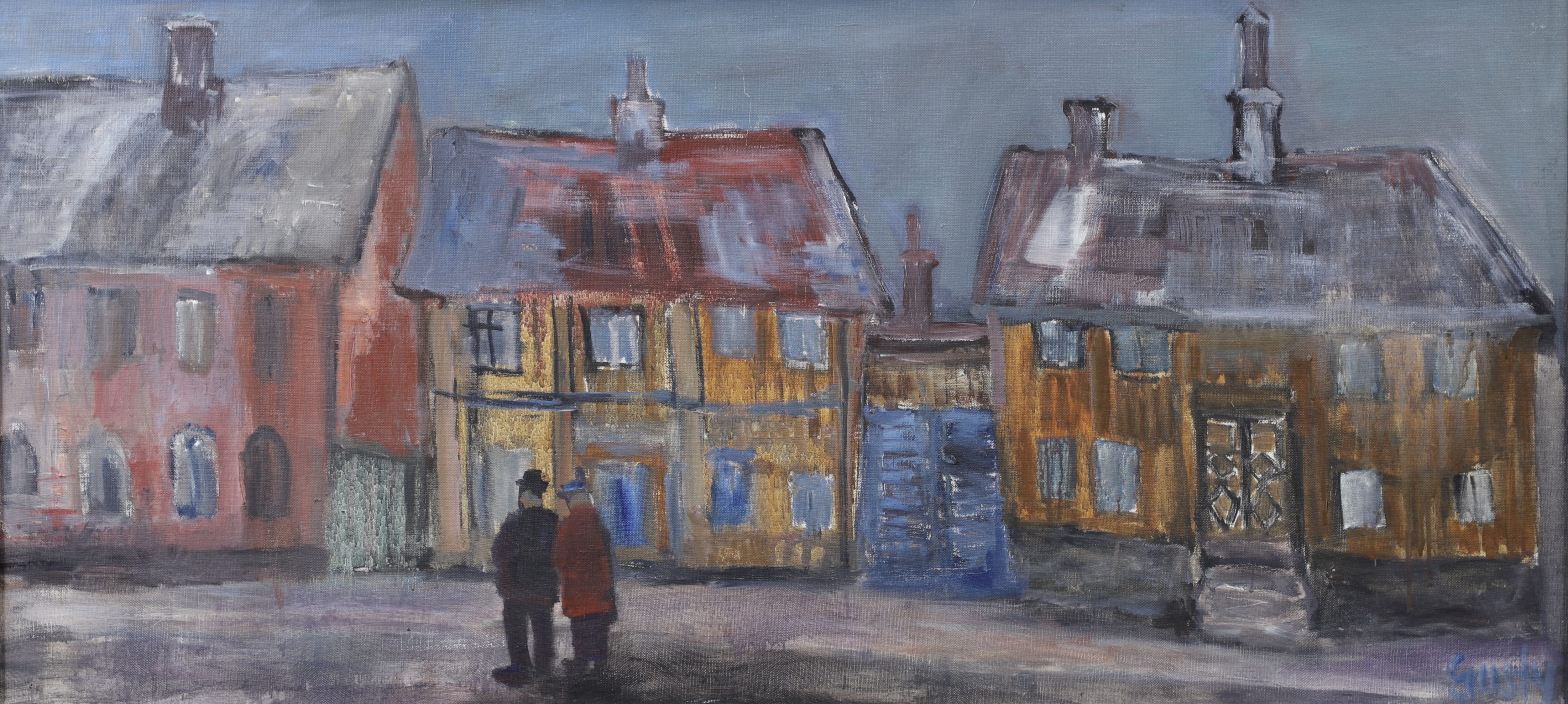 GUSTY OLSSON. "Snuslundgrens", Sandgärdsgatan i Växjö, olja på duk, signerad.