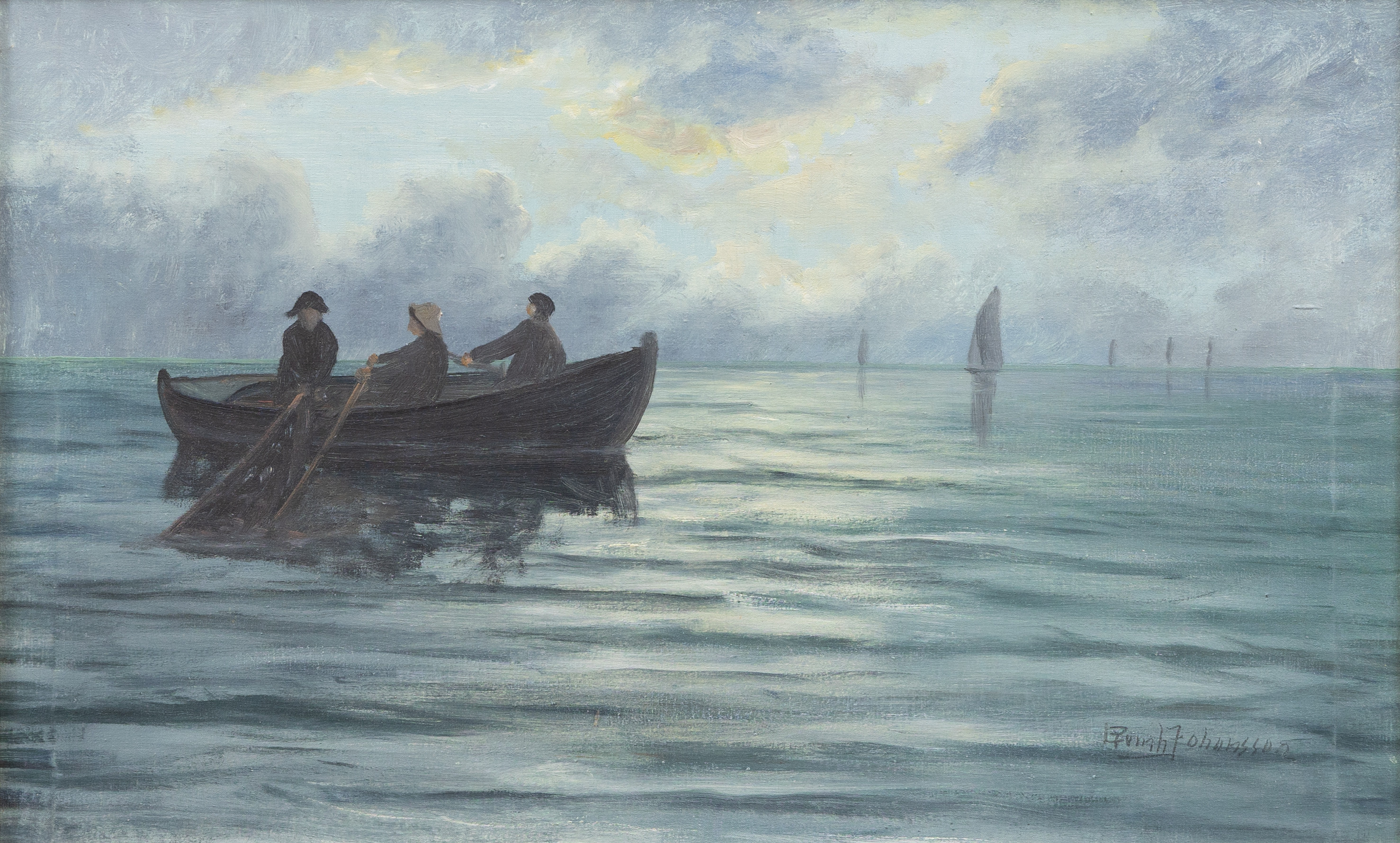 OIDENTIFIERAD KONSTNÄR. Näten dras, olja på duk, otydligt signerad ..... Johansson.