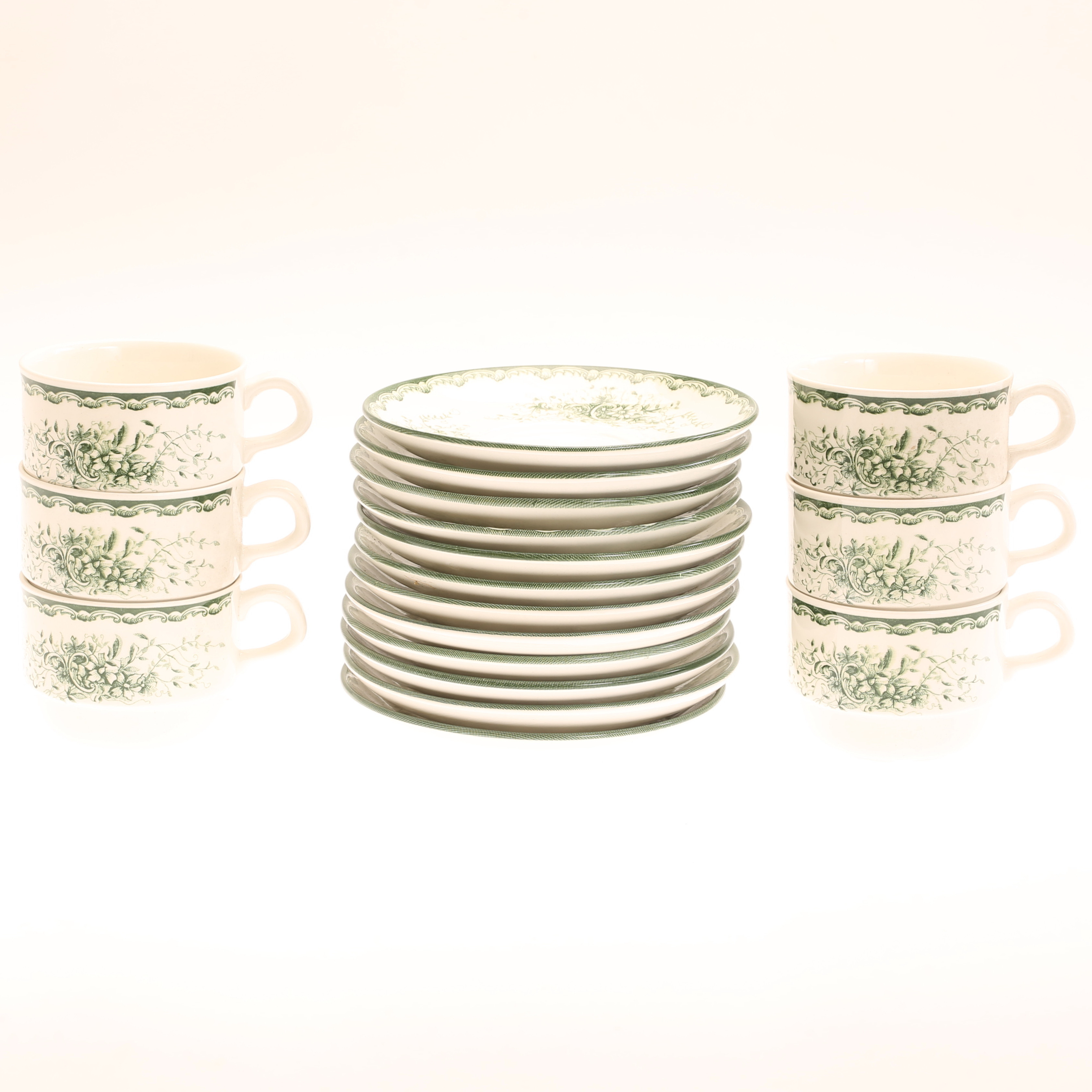 KAFFEKOPPAR med fat, 6 stycken, Grön Anna, Rörstrand.