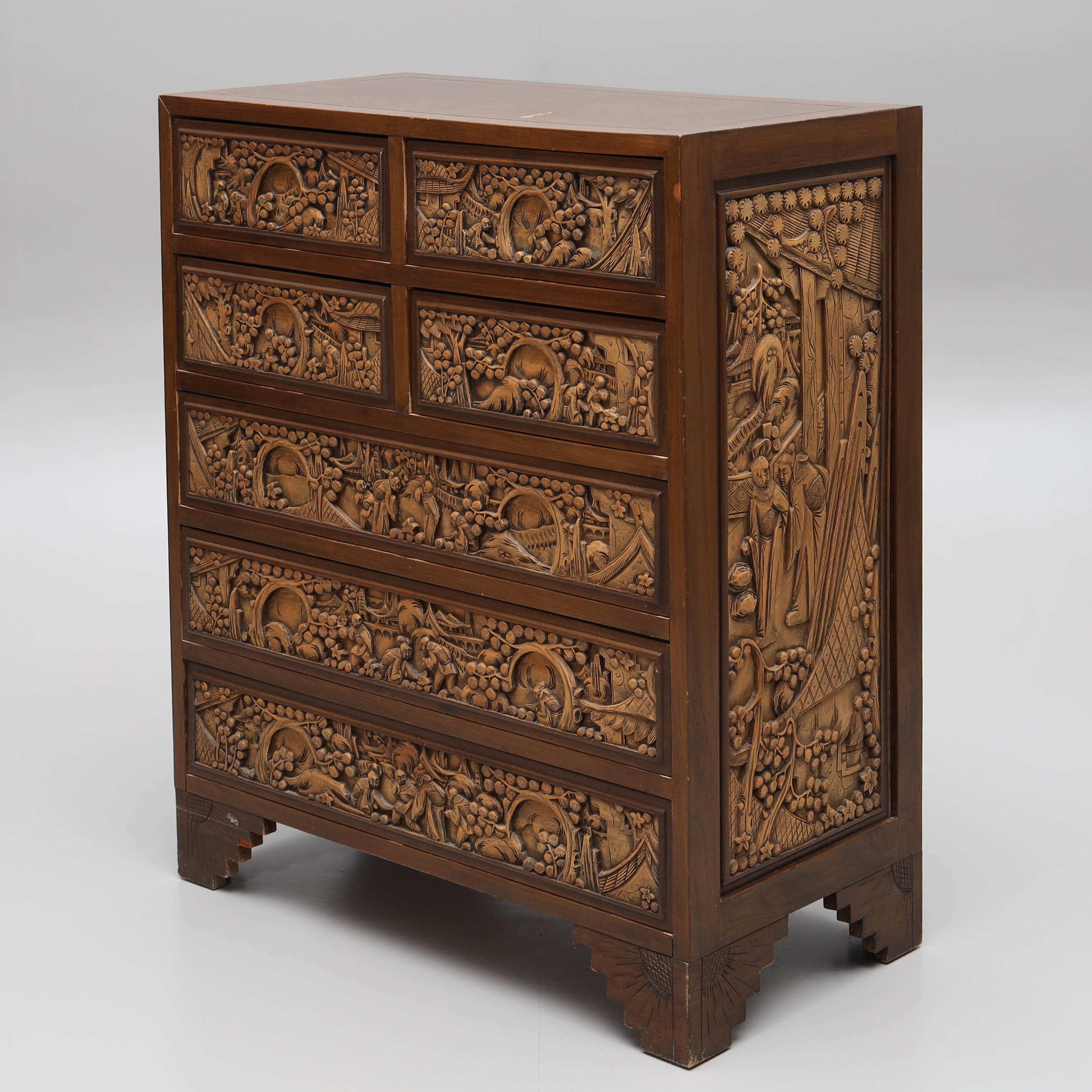 BYRÅ, snidat trä, landskap & figurscener, orientalisk stil, 1900-tal.