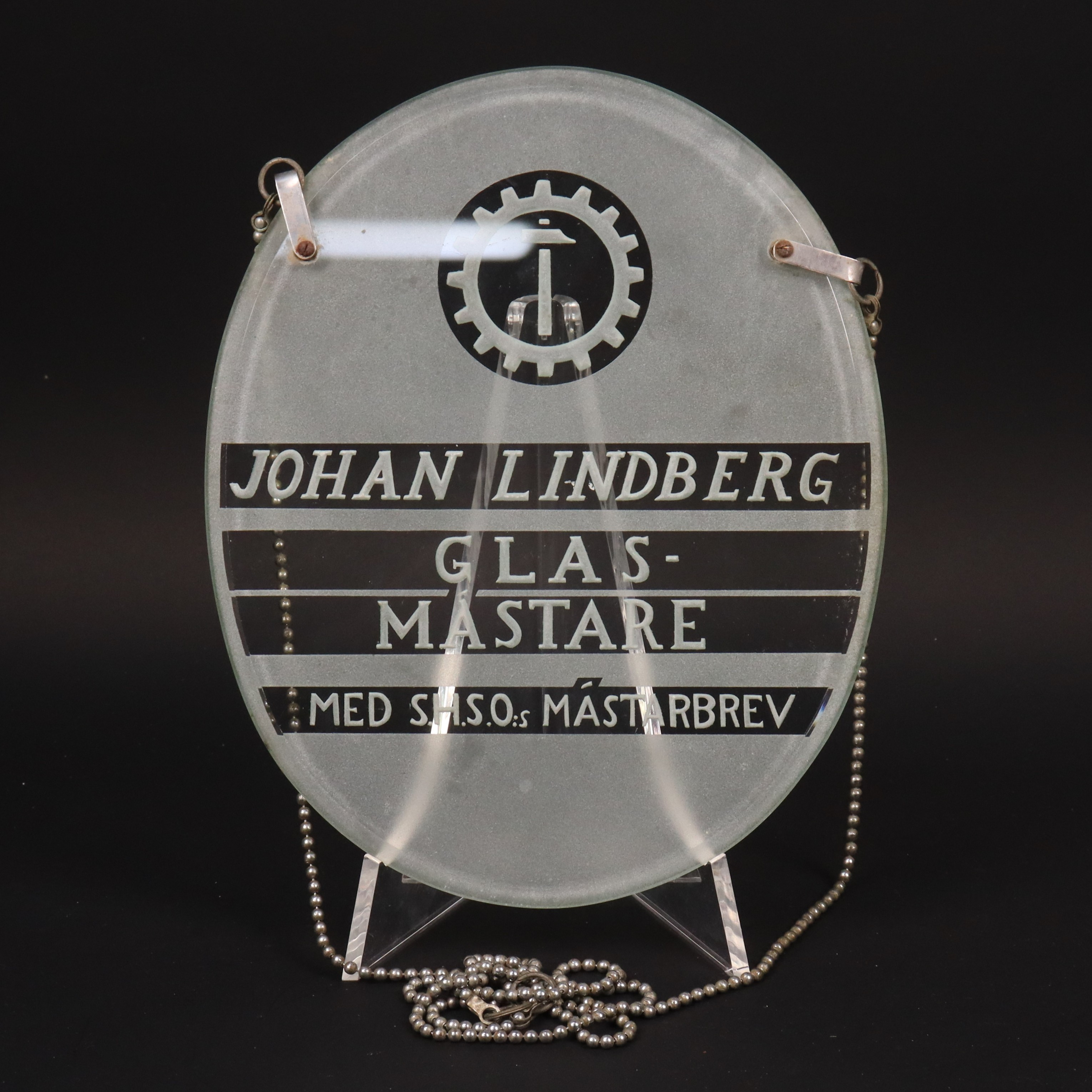 GLASSKYLT, Mästarbrev för Glasmästare Johan Lindberg.