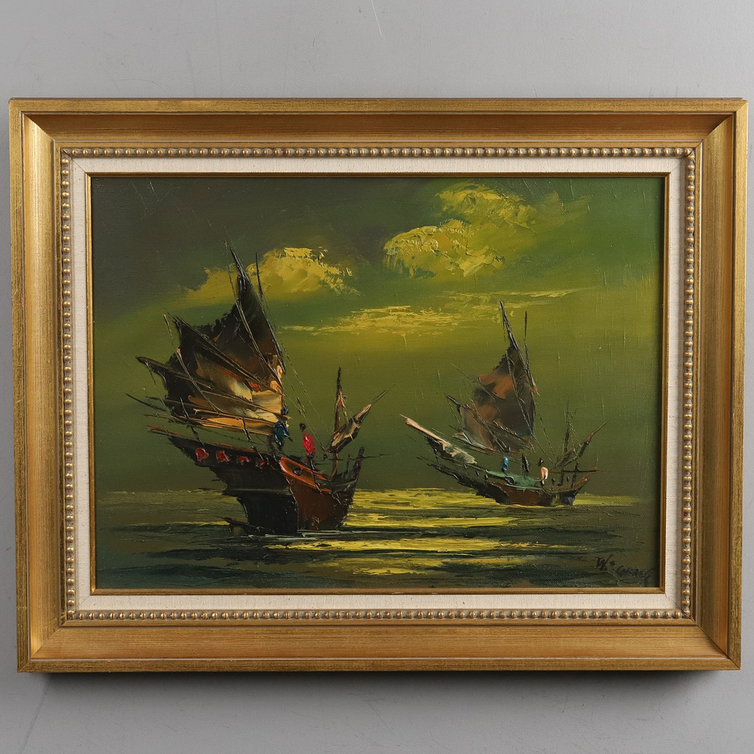 WS CHIANG. OLJA PÅ DUK, "Två båtar", signerad, 1900-talets mitt.