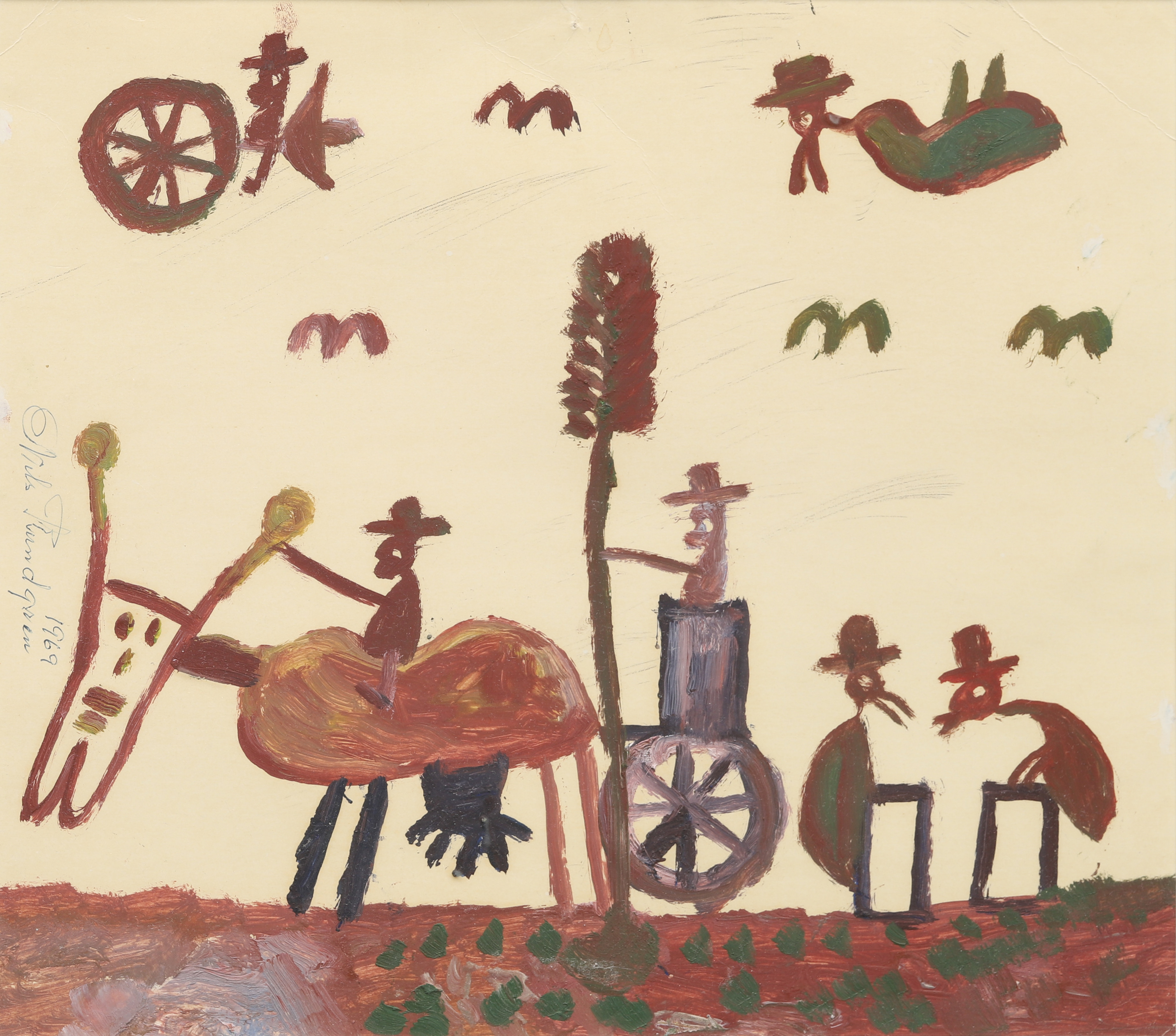 NILS "BJÖRNJÄGARN" RUNDGREN. Naivistisk figurkomposition, signerad och daterad 1969, blandteknik på papper.