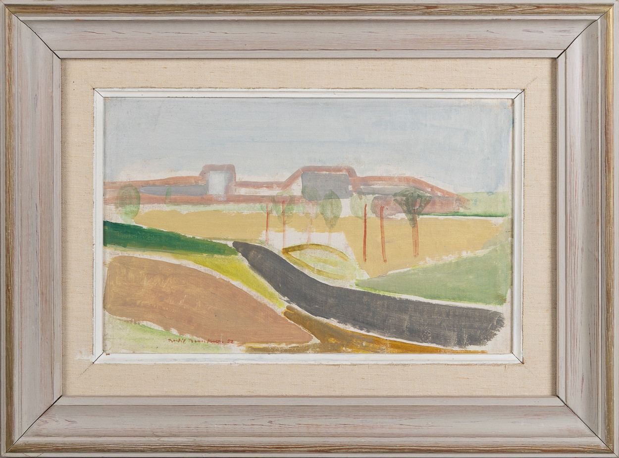 BERTIL BERNTSSON. Landskap, blandteknik på duk, klistrad på pannå.