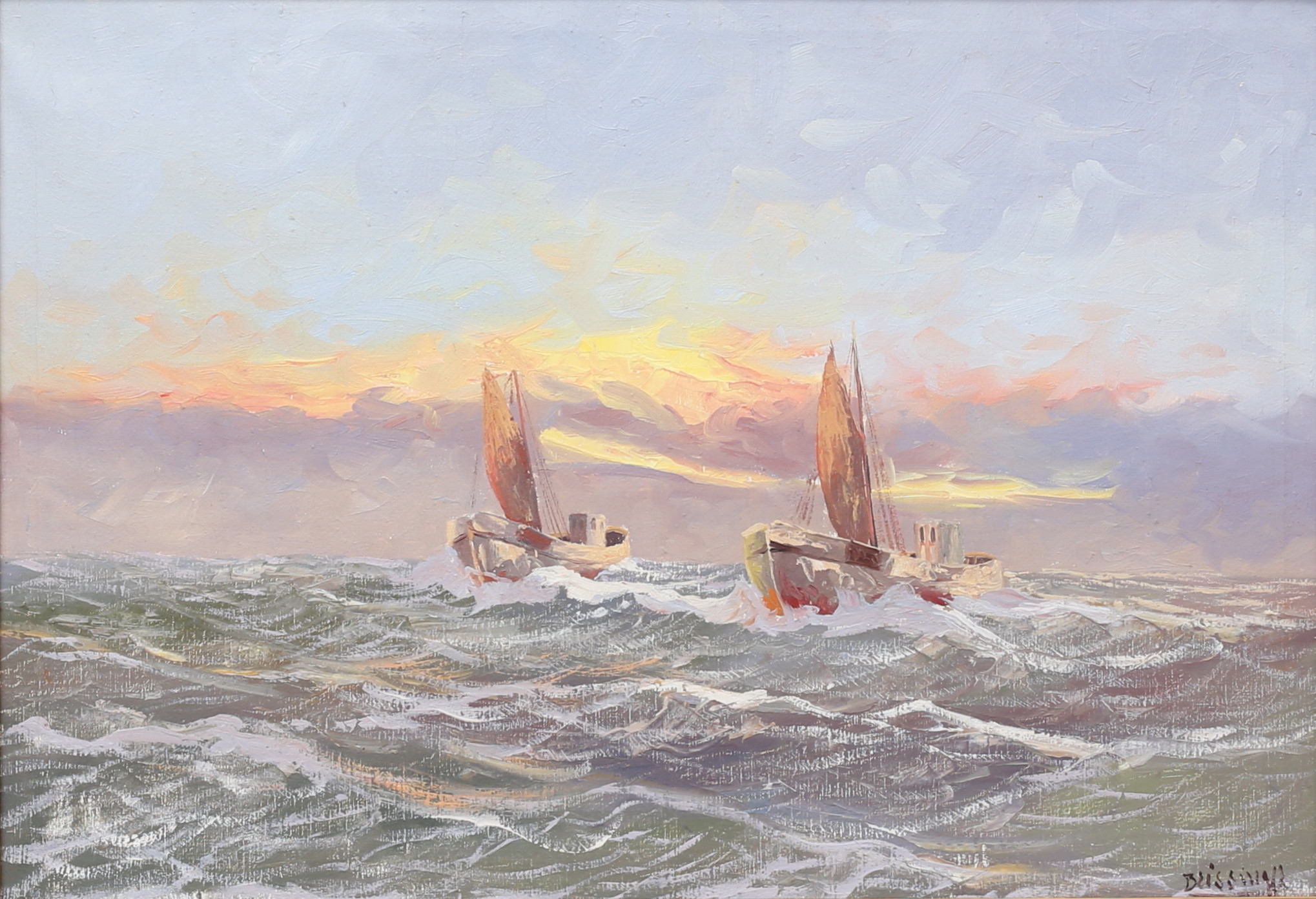 OIDENTIFIERAD KONSTNÄR. Fiskebåtar, olja på duk, otydligt signerad.