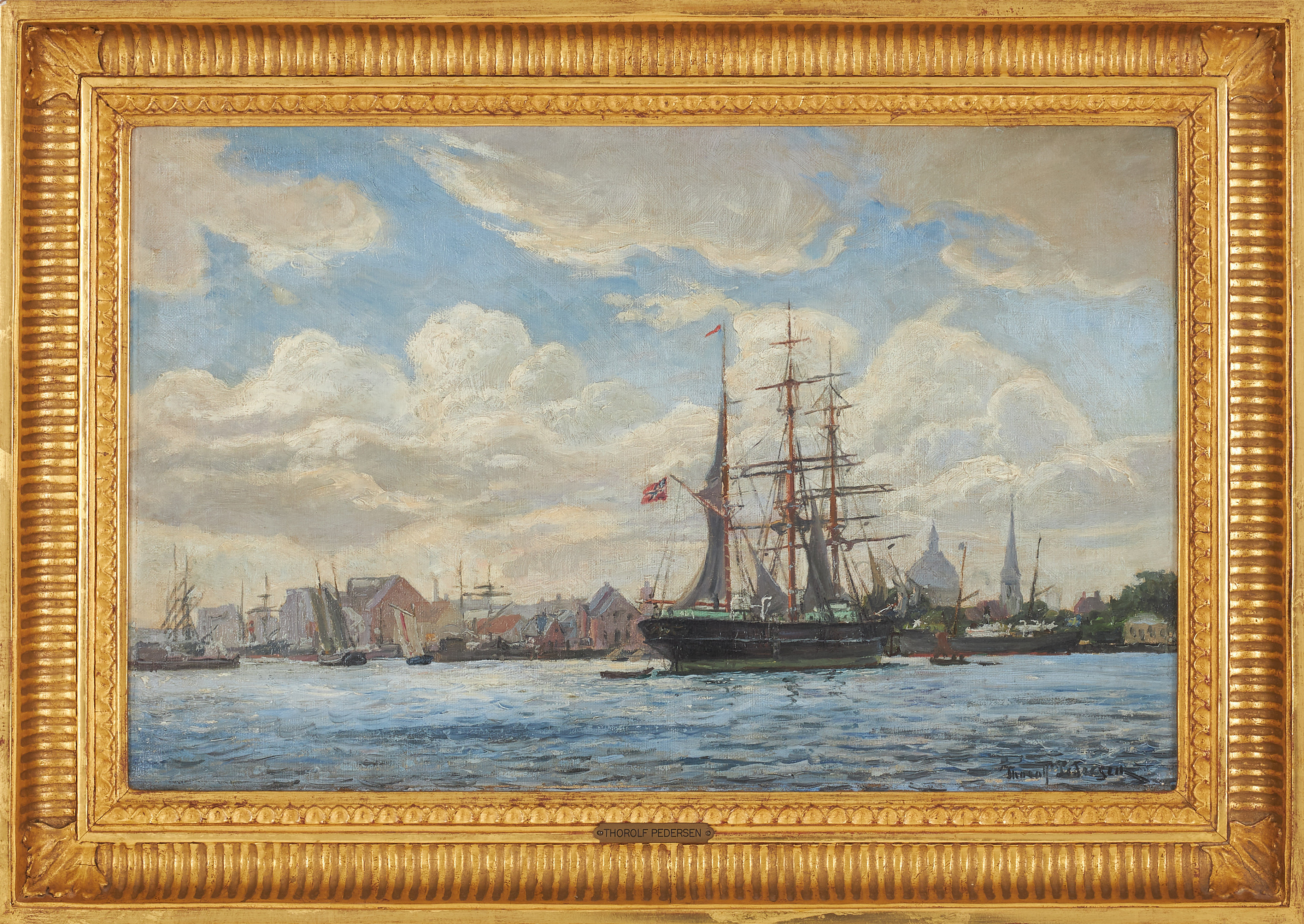 THOROLF PEDERSEN (1858-1942). Segelfartyg, tremastad, olja på duk, signerad.