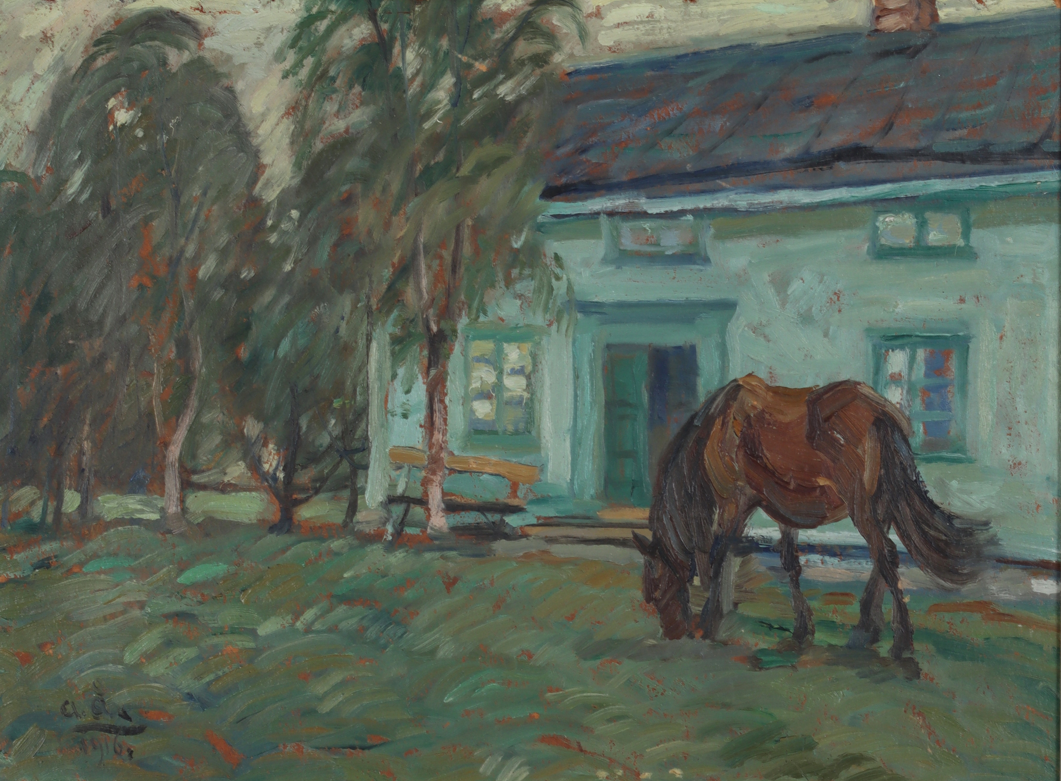 ACKE ÅSLUND. Betande häst, olja på pannå, signerad och daterad 1916.