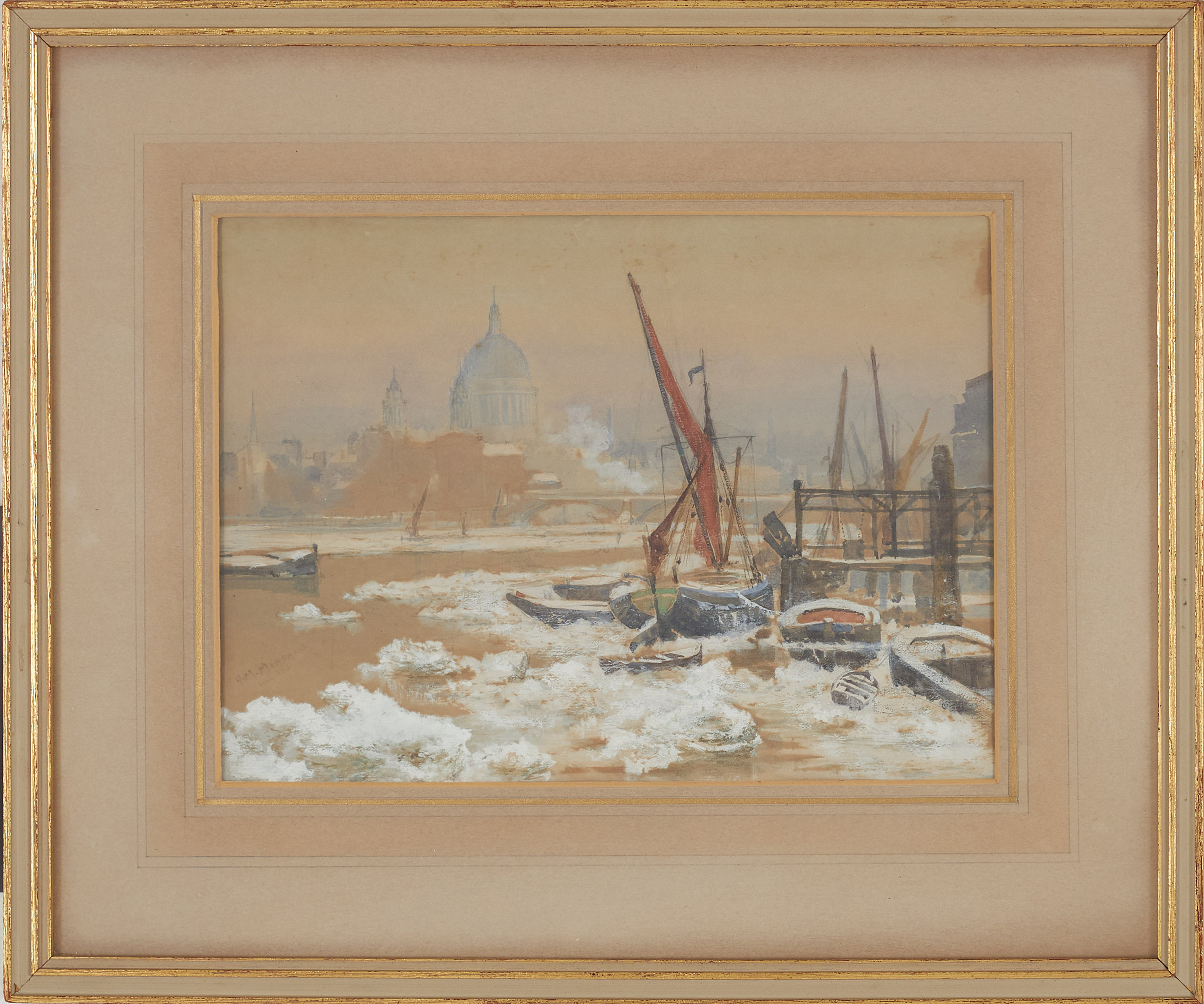 HERBERT MENZIES MARSHALL. "On the Thames", akvarell och täckvitt på papper, signerad H.M Marshall.