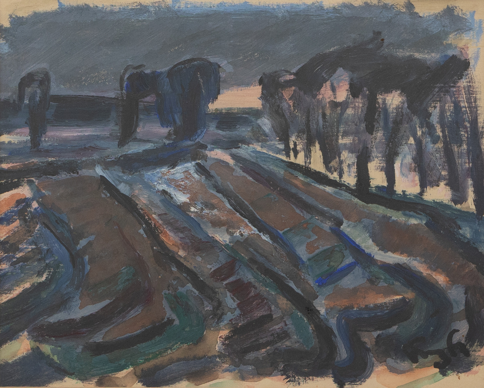 OIDENTIFIERAD KONSTNÄR. Landskap, blandteknik, otydlig signerad.