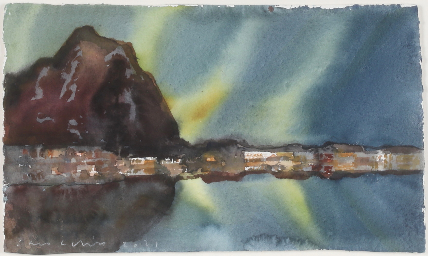 LARS LERIN. "Spegling norrsken, Lofoten", akvarell, signerad och daterad 2021.