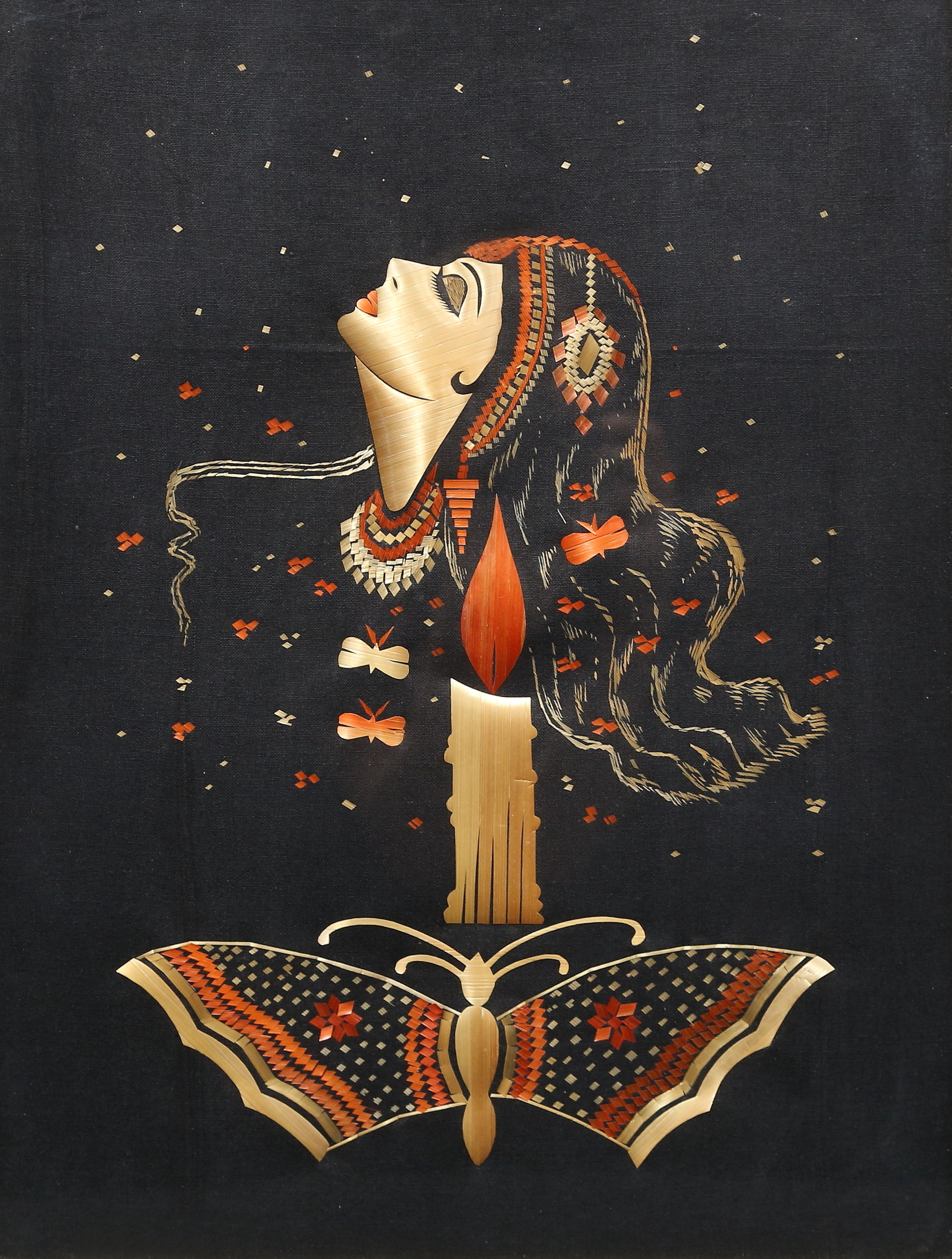 OKÄND KONSTNÄR. Kollage på textil, Art Deco-motiv, ej signerad.