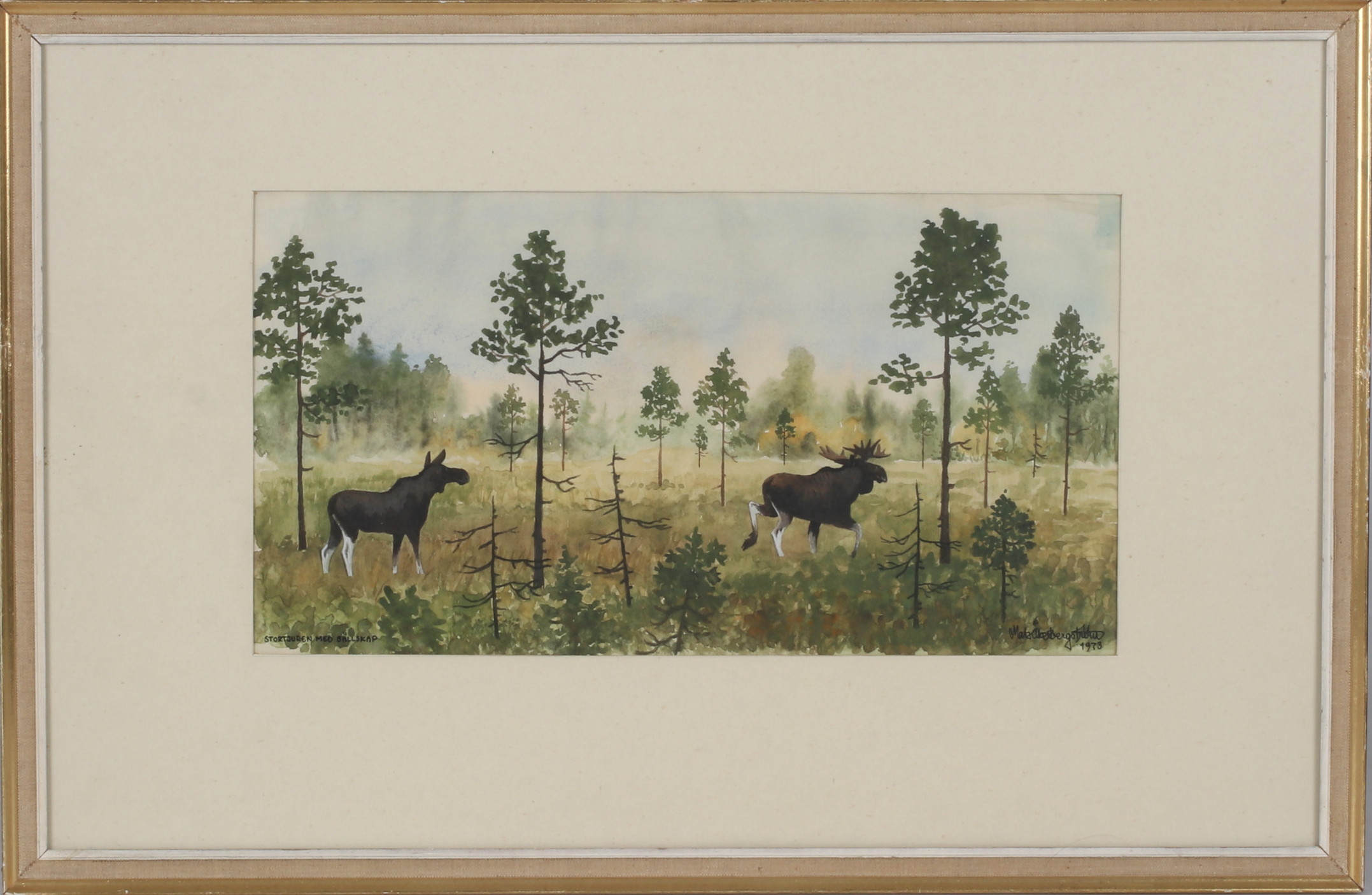 MATSÅKE BERGSTRÖM. "Stortjuren med sällskap", akvarell signerad och daterad 1973.