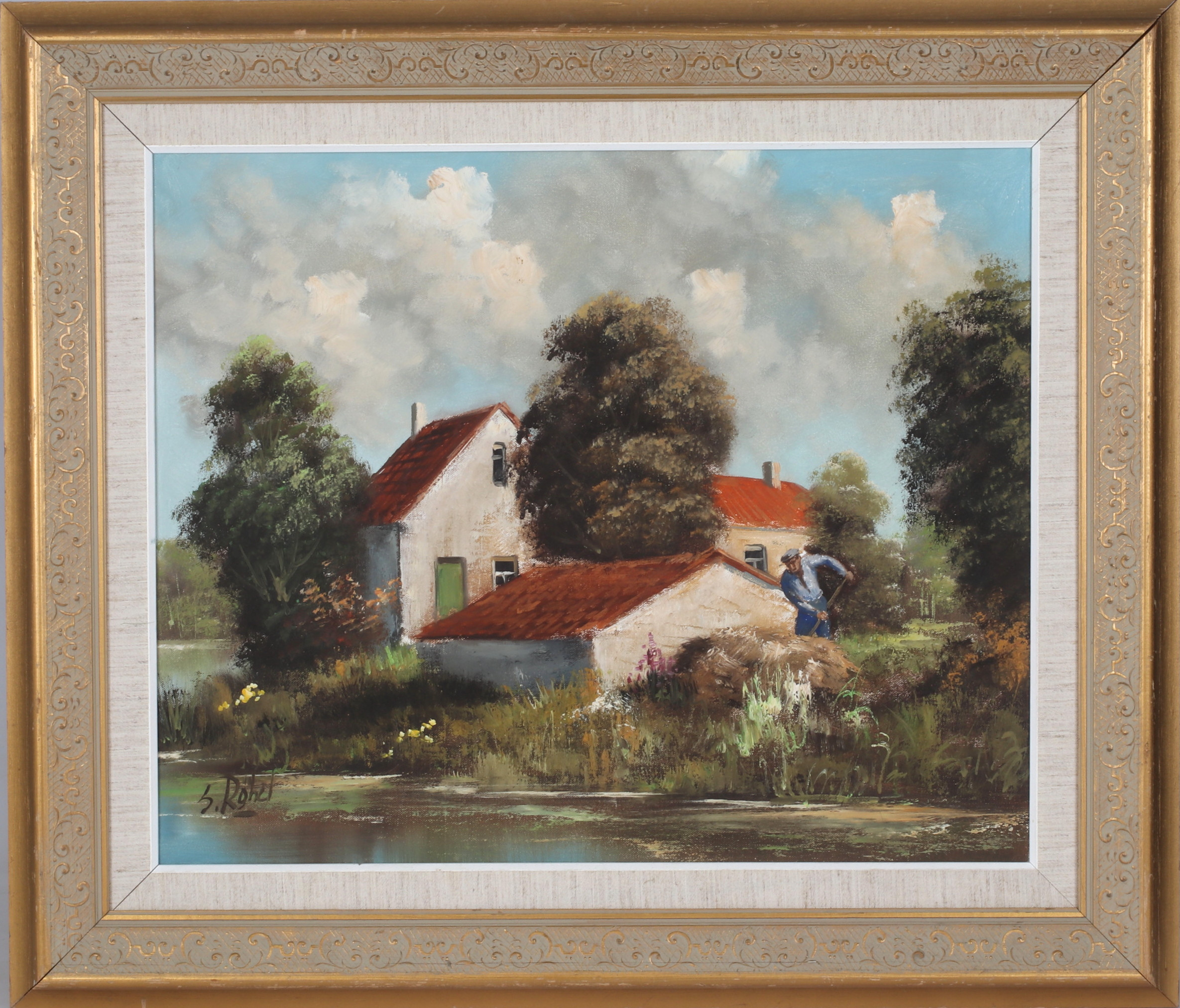 OIDENTIFIERAD KONSTNÄR. Gårdsmotiv, olja på duk, signerad.